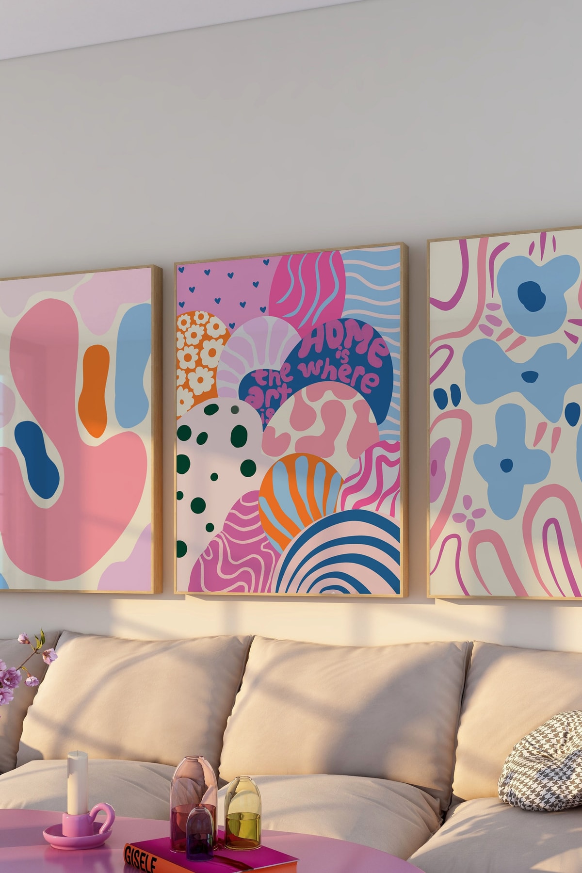 3'lü Canlanış Poster Seti Pembe Girly Duvar Dekorasyonu 'Home is Where the ART is.'