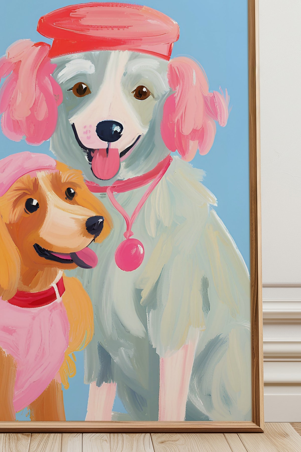 Pembe Şapkalı İki Mutlu Köpek Kardeş Mavi Arkaplan Tasarım Çerçevesiz Poster