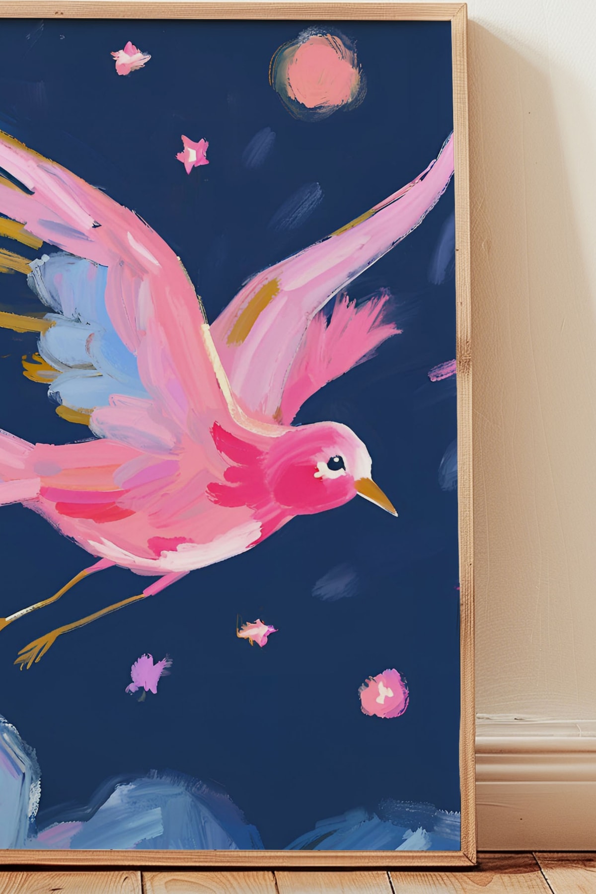 Işıltılı Gökyüzünde Bulutlar Arasında Uçan Renkli Kuş Çerçevesiz Poster