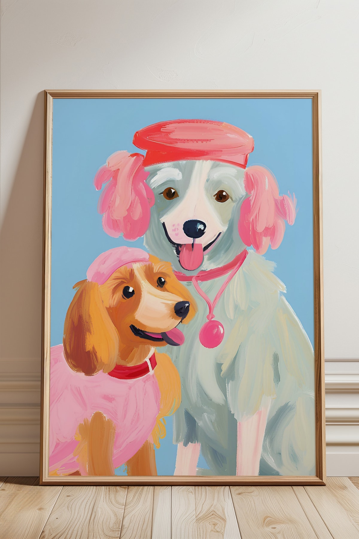 Pembe Şapkalı İki Mutlu Köpek Kardeş Mavi Arkaplan Tasarım Çerçevesiz Poster