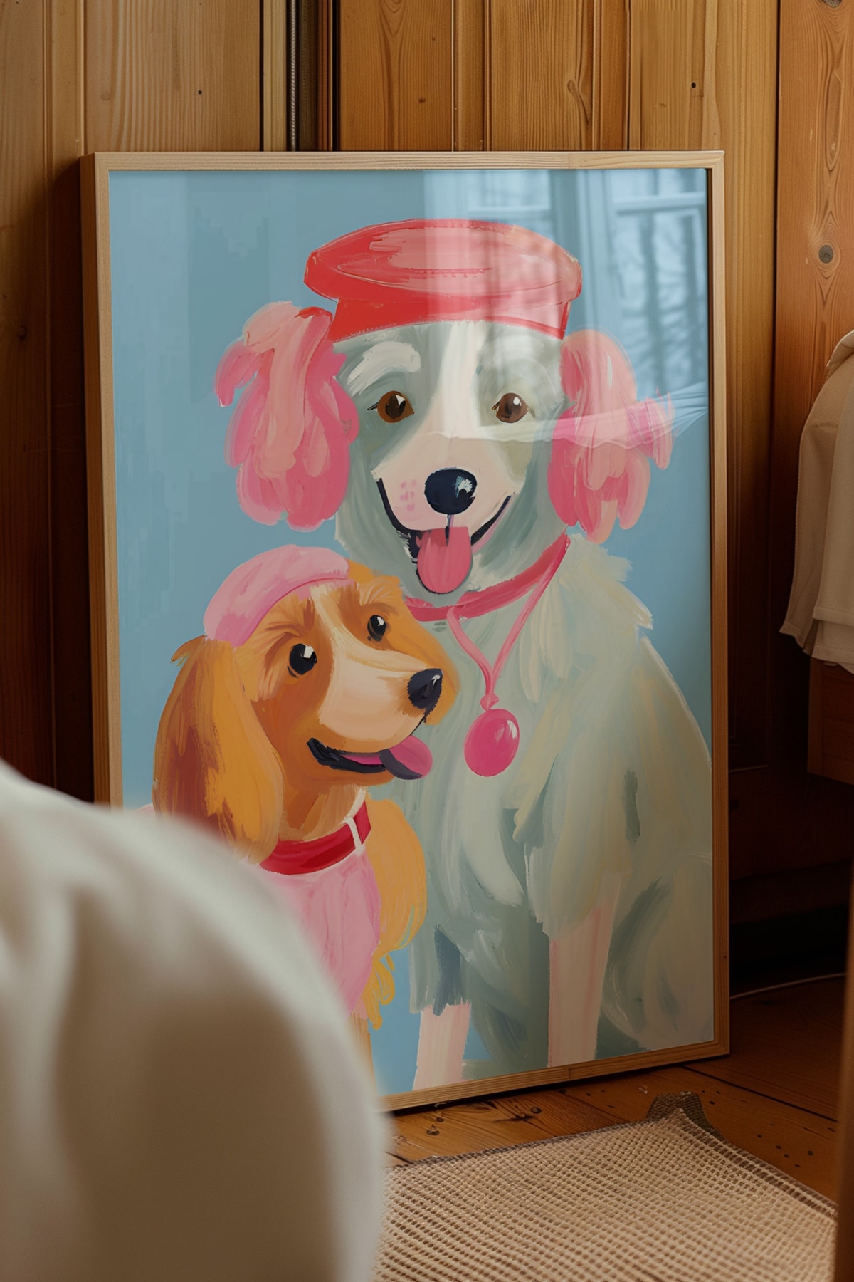 Pembe Şapkalı İki Mutlu Köpek Kardeş Mavi Arkaplan Tasarım Çerçevesiz Poster