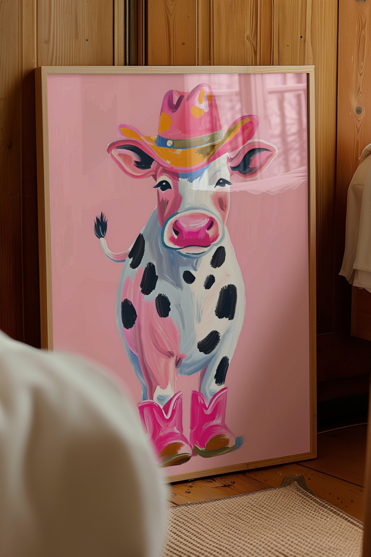 Pembe Şapkalı Çizmeli Kovboy İnek Çerçevesiz Poster Baskı Mö Duvar Dekorasyonu İnekli Duvar Posteri