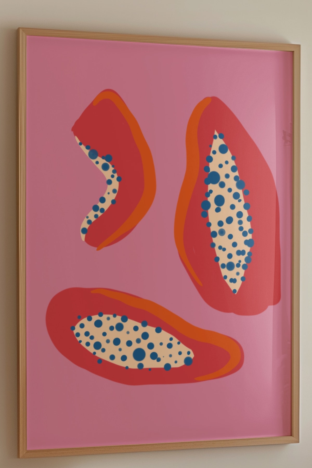 Soyut Pembe Meyveli Çerçevesiz Poster Modern Organik Şekiller, Noktalı Duvar Sanatı