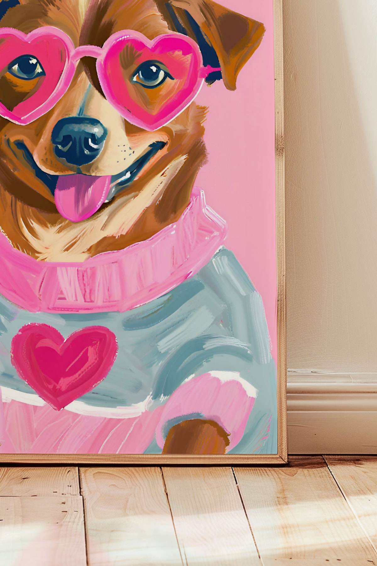 Retro Pembe Gözlüklü Evcil Hayvan Çerçevesiz Poster Şirin Köpek Duvar Dekoru