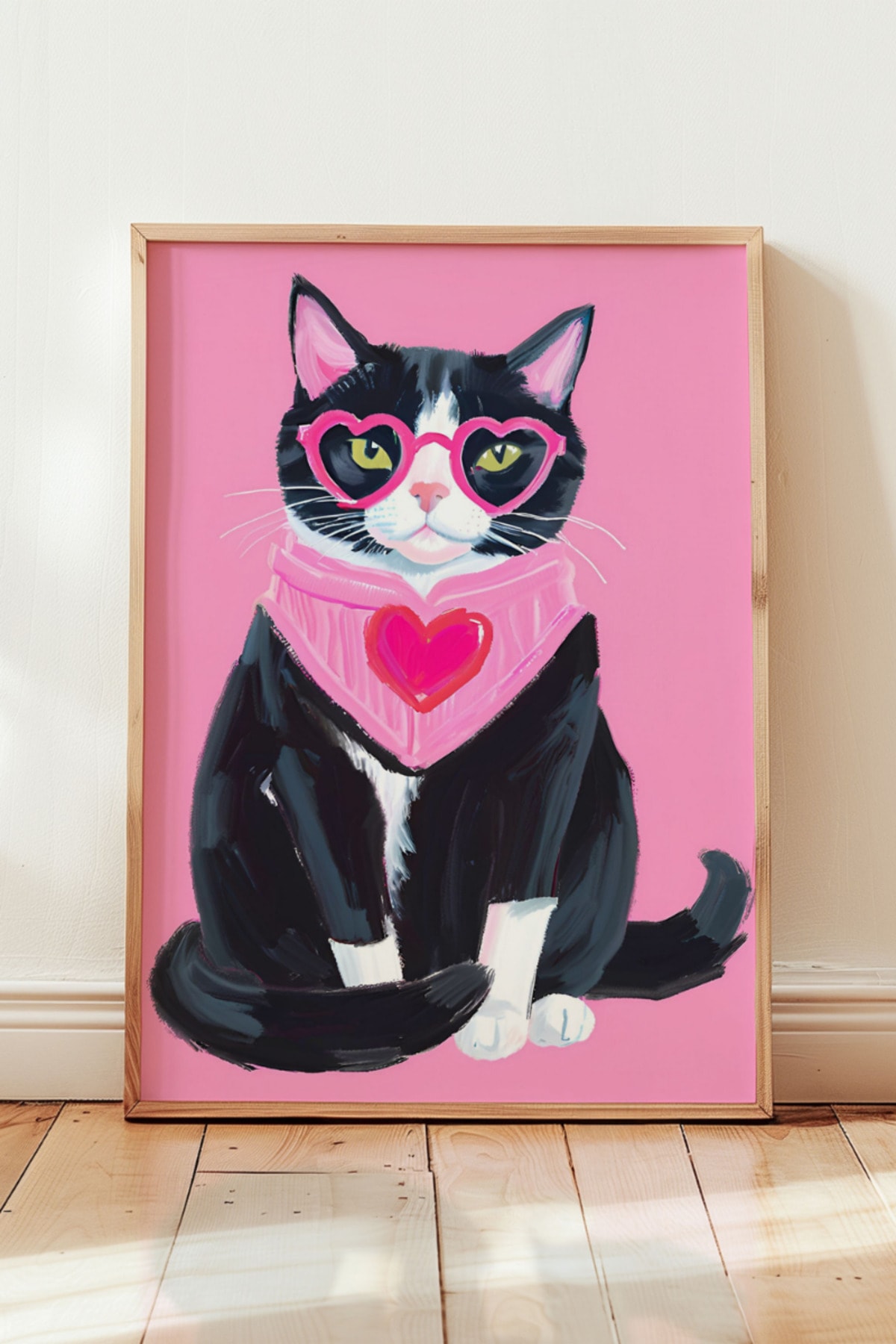 Pembe Gözlüklü Smokin Kürklü Kedi Çerçevesiz Poster