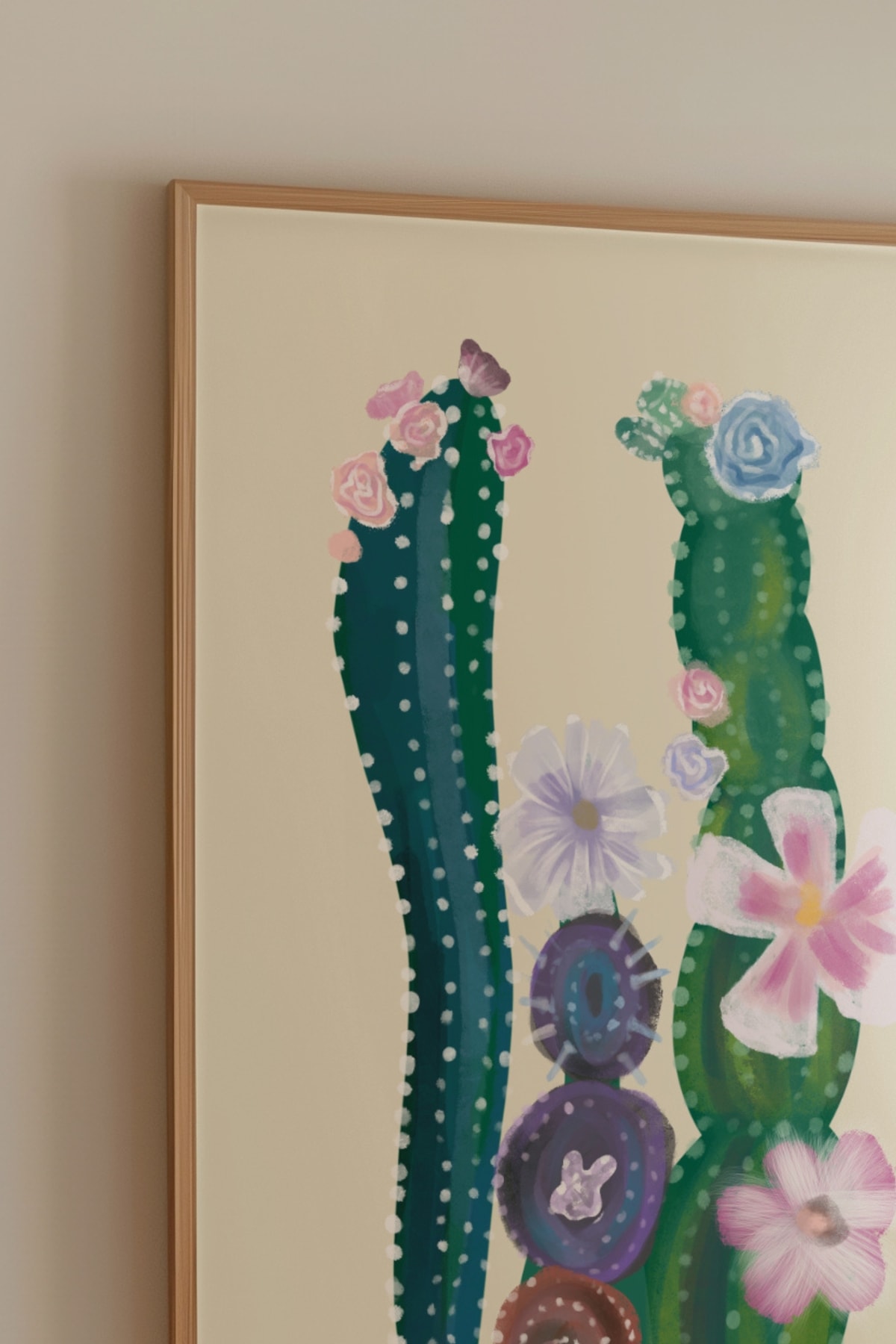 Çiçekli Yeşil Kaktüs Çerçevesiz Poster Kaktüslü Duvar Dekor Tasarımı