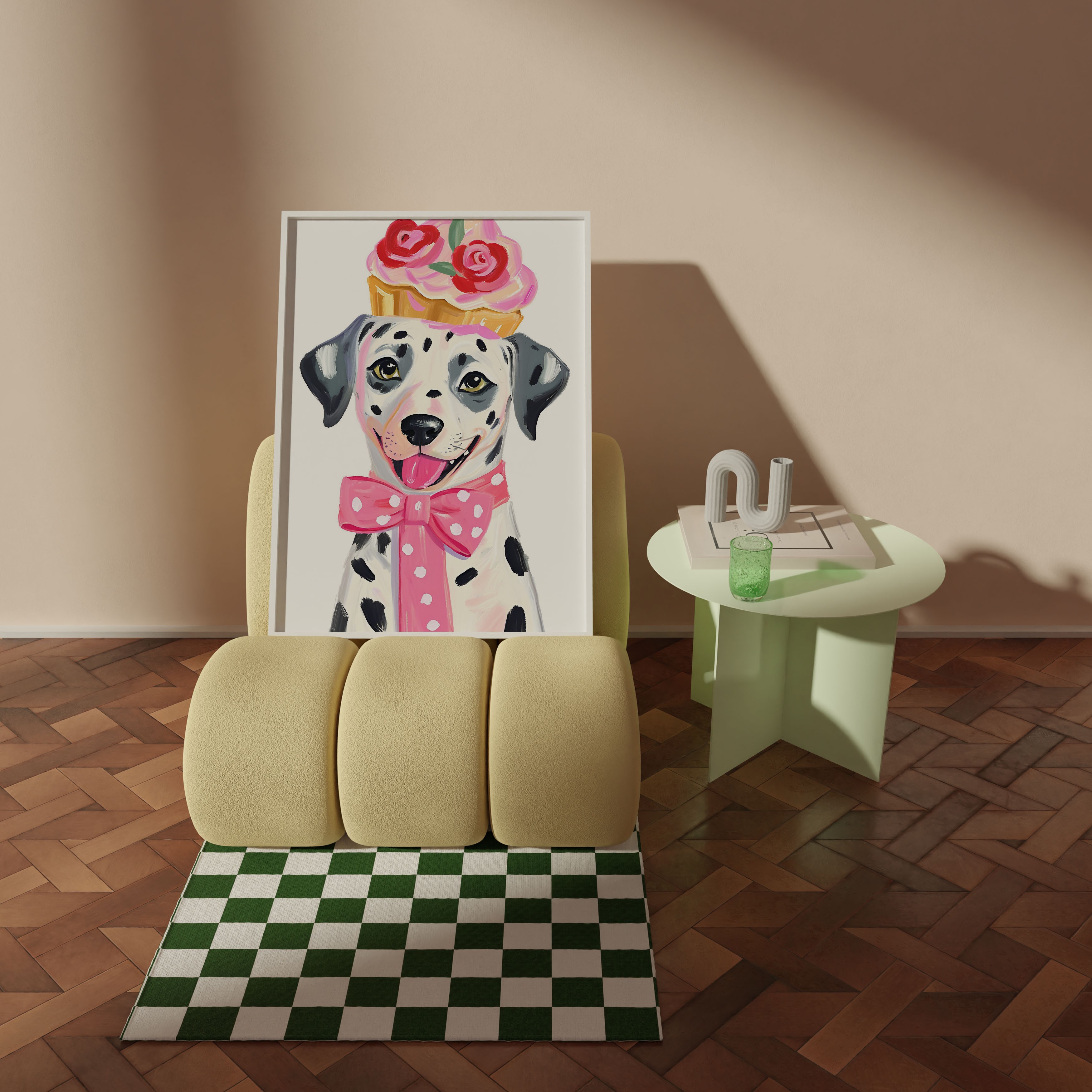 Cupcake Şapkalı Dalmaçyalı Köpek Çerçevesiz Poster