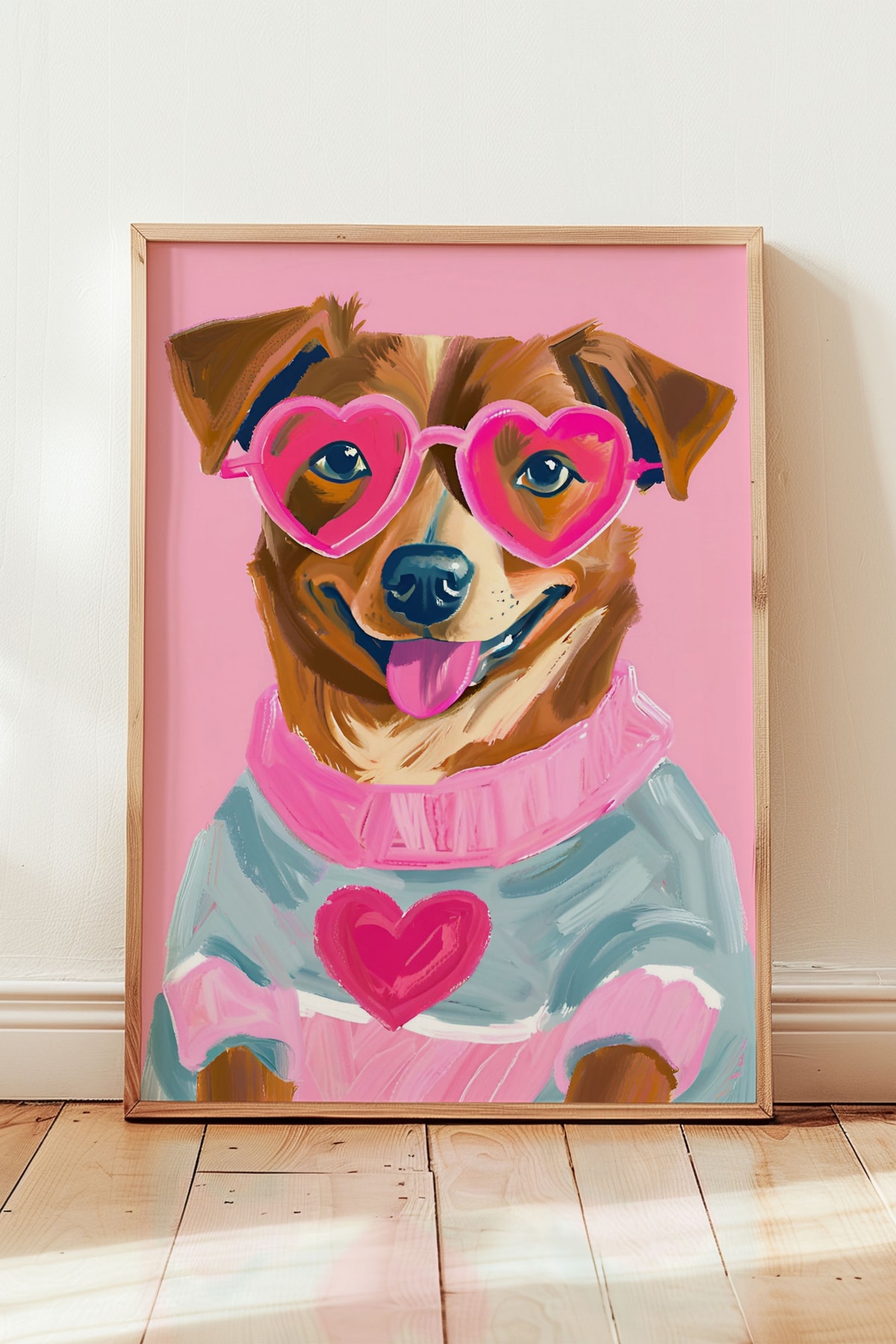 Retro Pembe Gözlüklü Evcil Hayvan Çerçevesiz Poster Şirin Köpek Duvar Dekoru