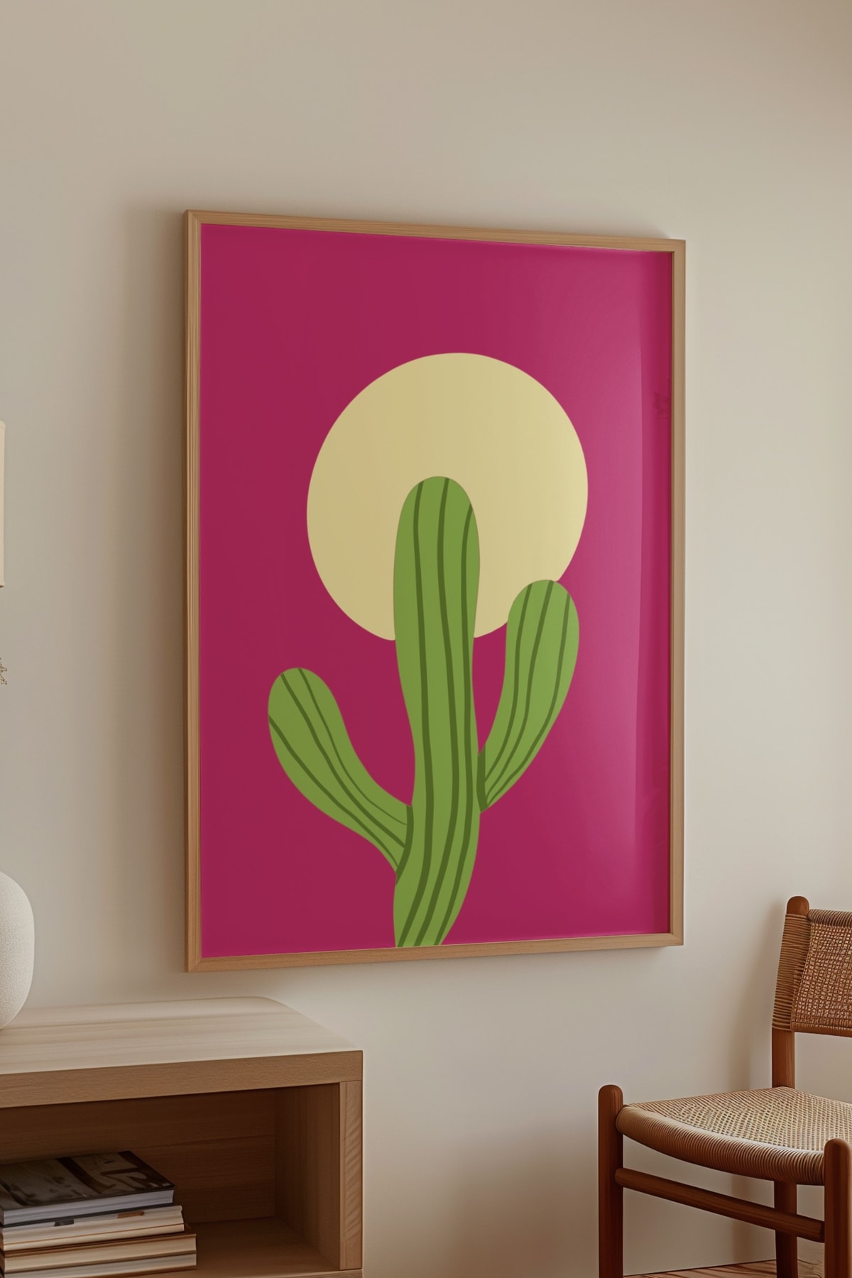 Doğan Ay Kaktüs Çerçevesiz Poster Koyu Pembe Duvar Dekorasyonu