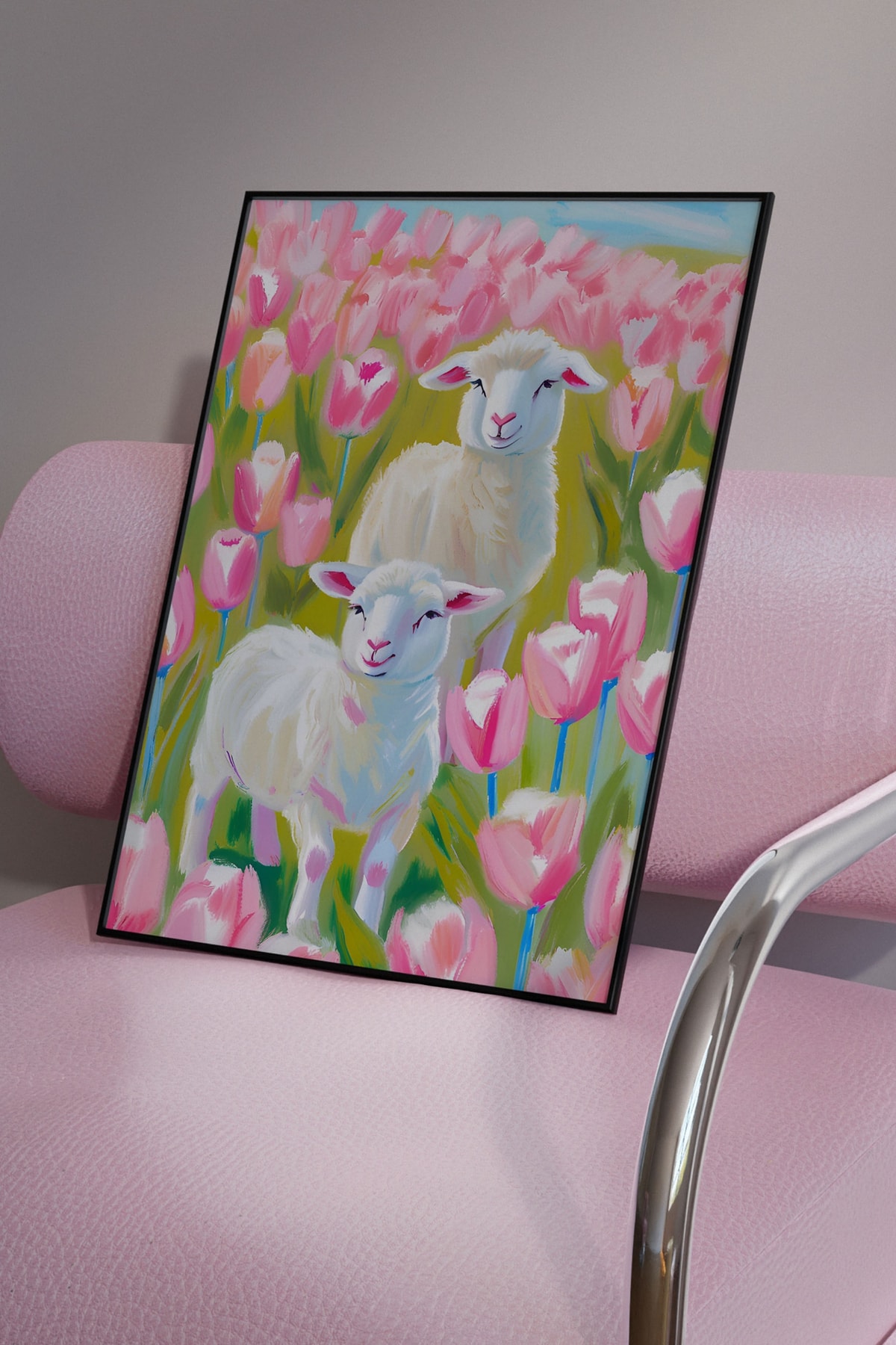 Lale Bahçesi Kuzu Posteri Vintage Pastel Renkte Duvar Dekorasyonu Poster Baskısı