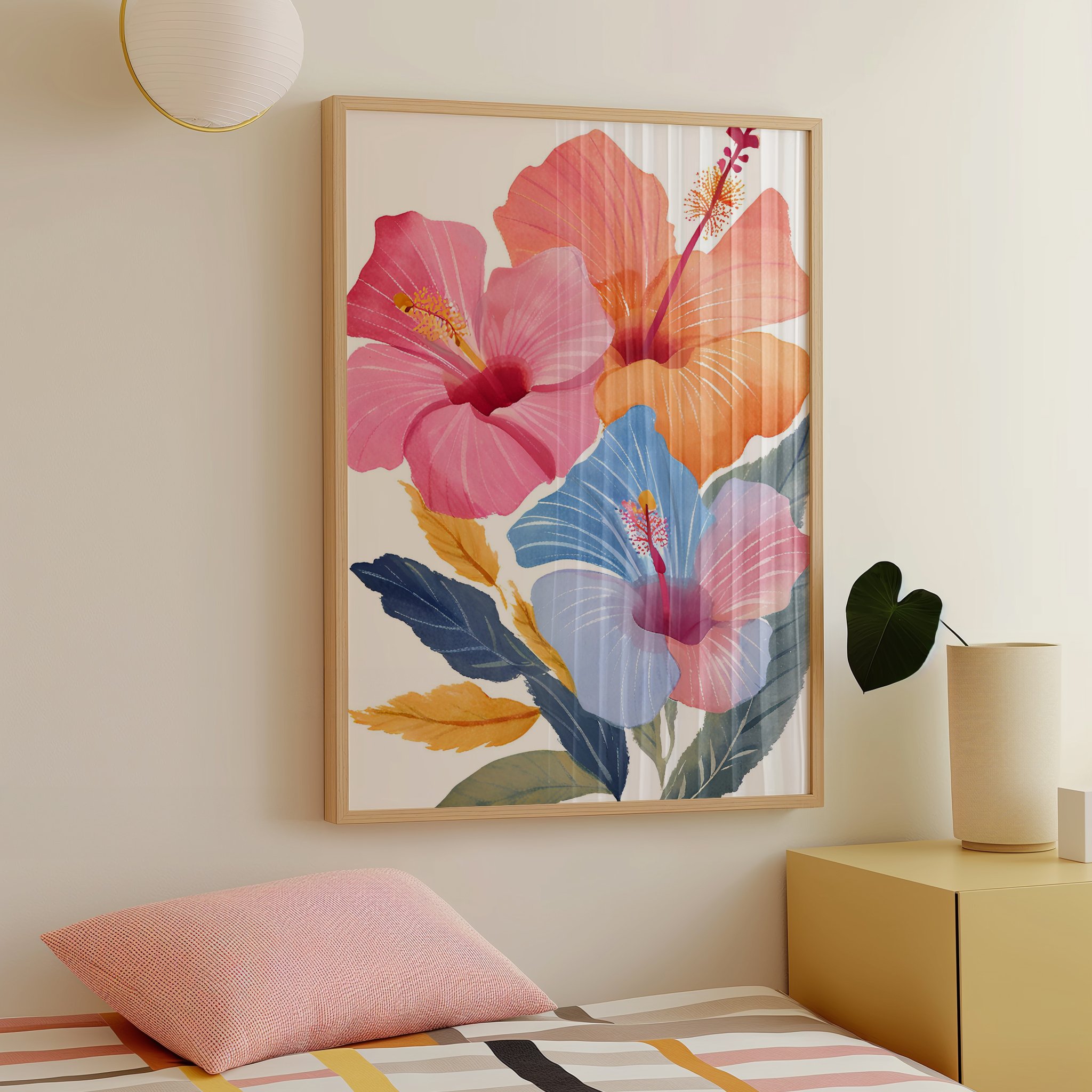 Botanik Temalı Renkli Lotus Çiçekleri Çerçevesiz Poster Çiçek Tasarımlı Duvar Dekoru