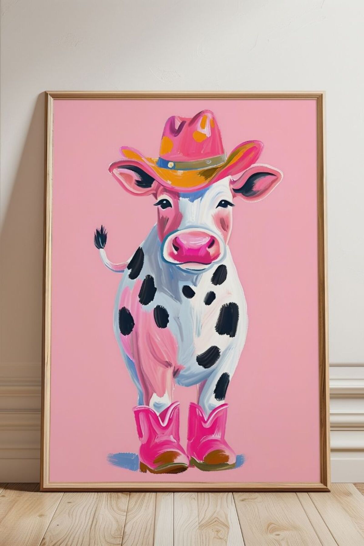 Pembe Şapkalı Çizmeli Kovboy İnek Çerçevesiz Poster Baskı Mö Duvar Dekorasyonu İnekli Duvar Posteri
