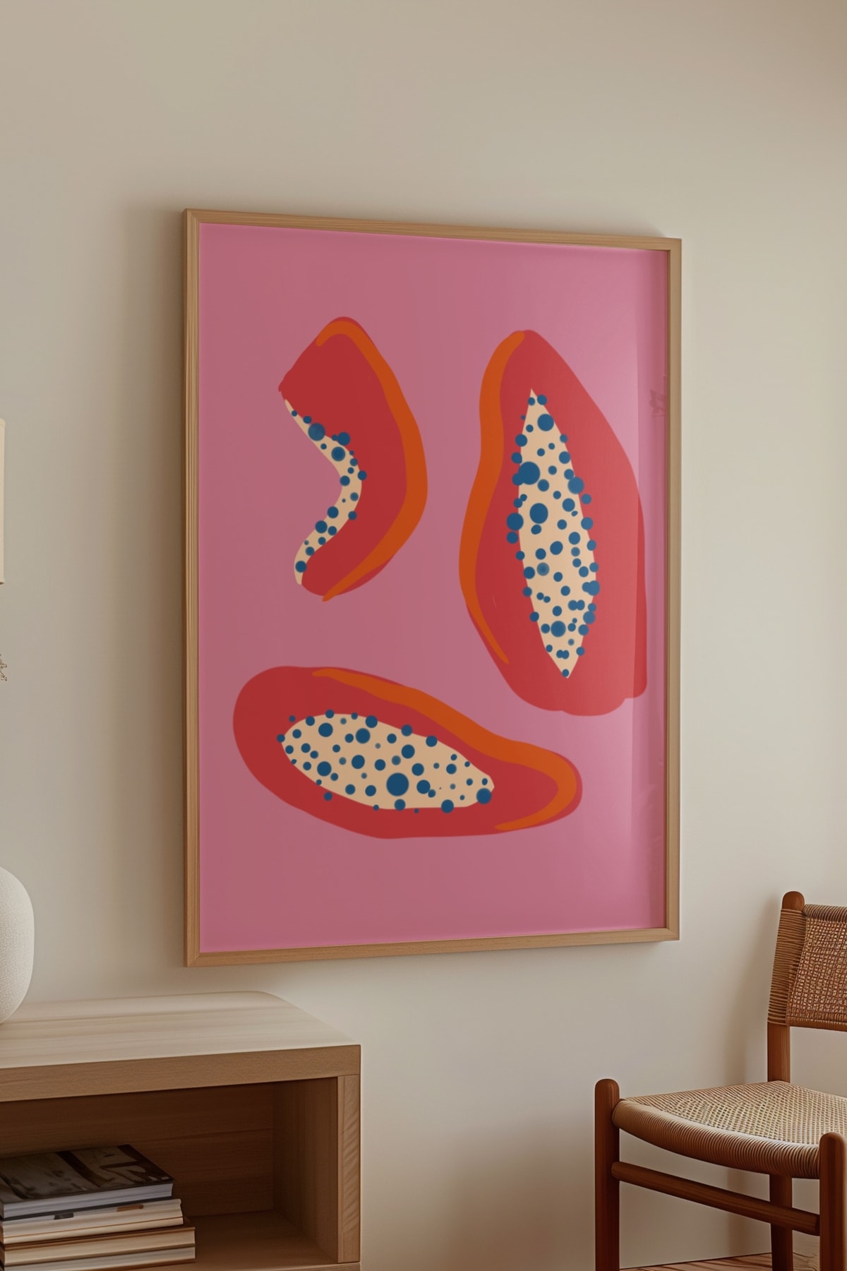 Soyut Pembe Meyveli Çerçevesiz Poster Modern Organik Şekiller, Noktalı Duvar Sanatı