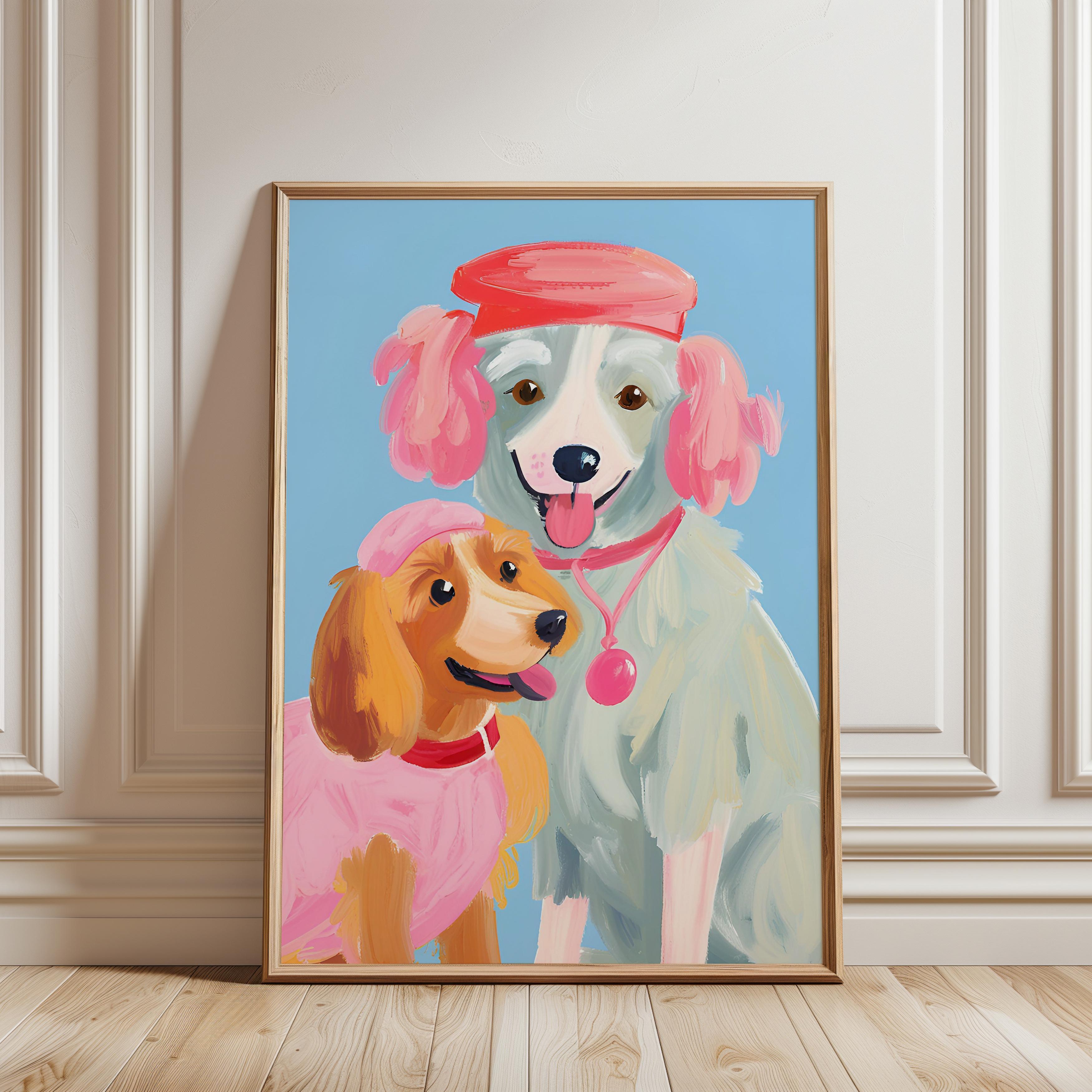Pembe Şapkalı İki Mutlu Köpek Kardeş Mavi Arkaplan Tasarım Çerçevesiz Poster