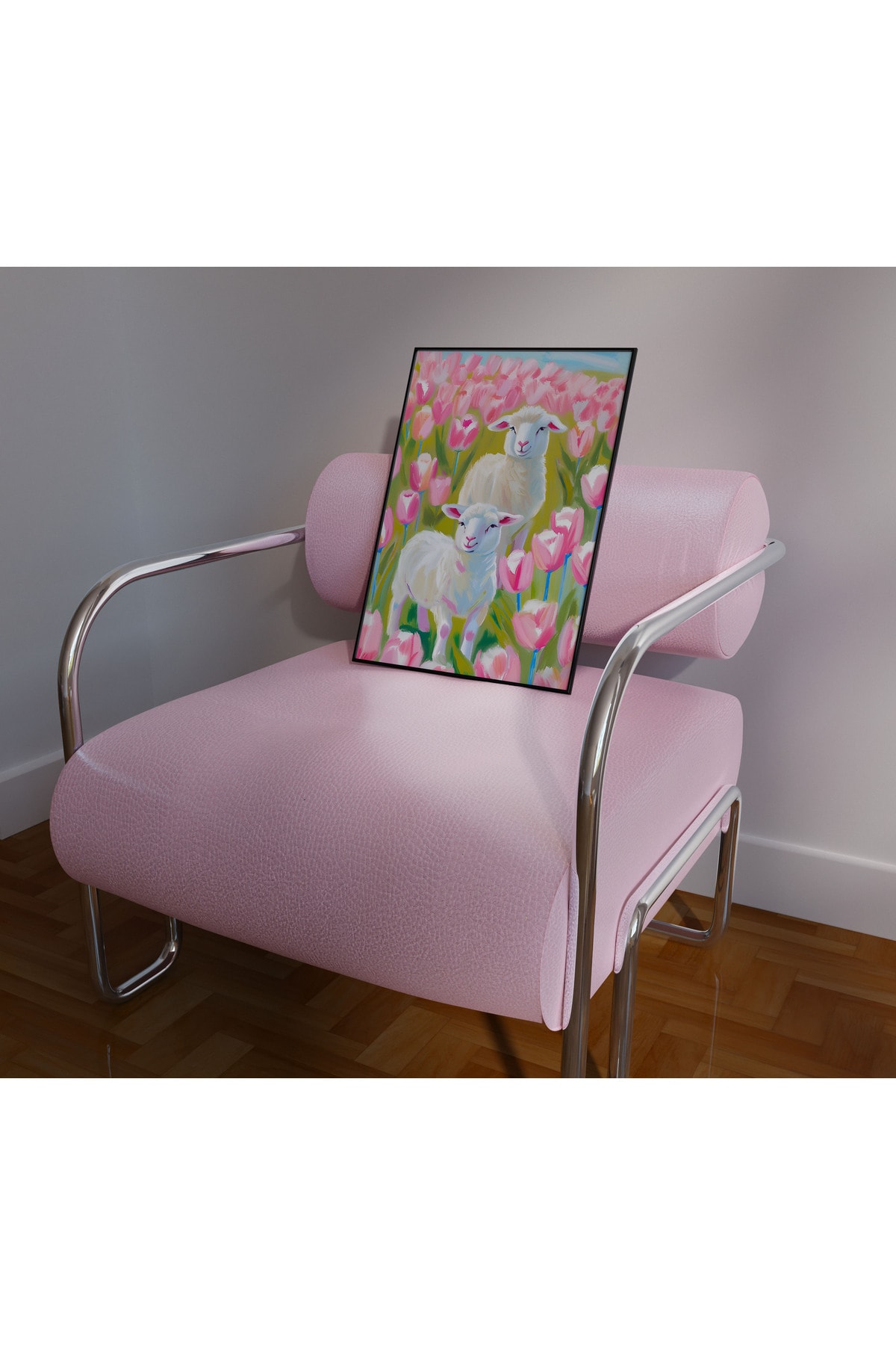 Lale Bahçesi Kuzu Posteri Vintage Pastel Renkte Duvar Dekorasyonu Poster Baskısı