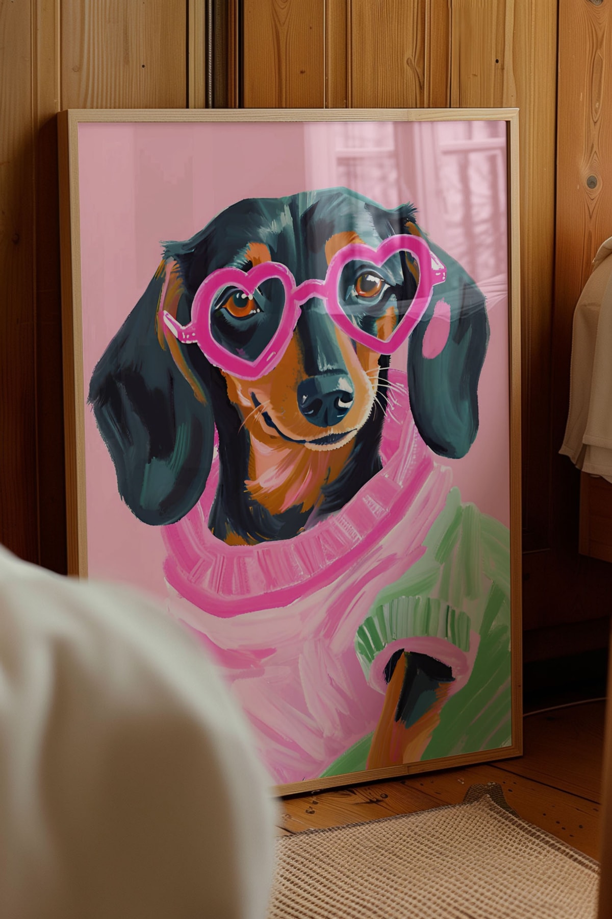 Kalpli Pembe Gözlüklü Sosis Köpek Çerçevesiz Poster