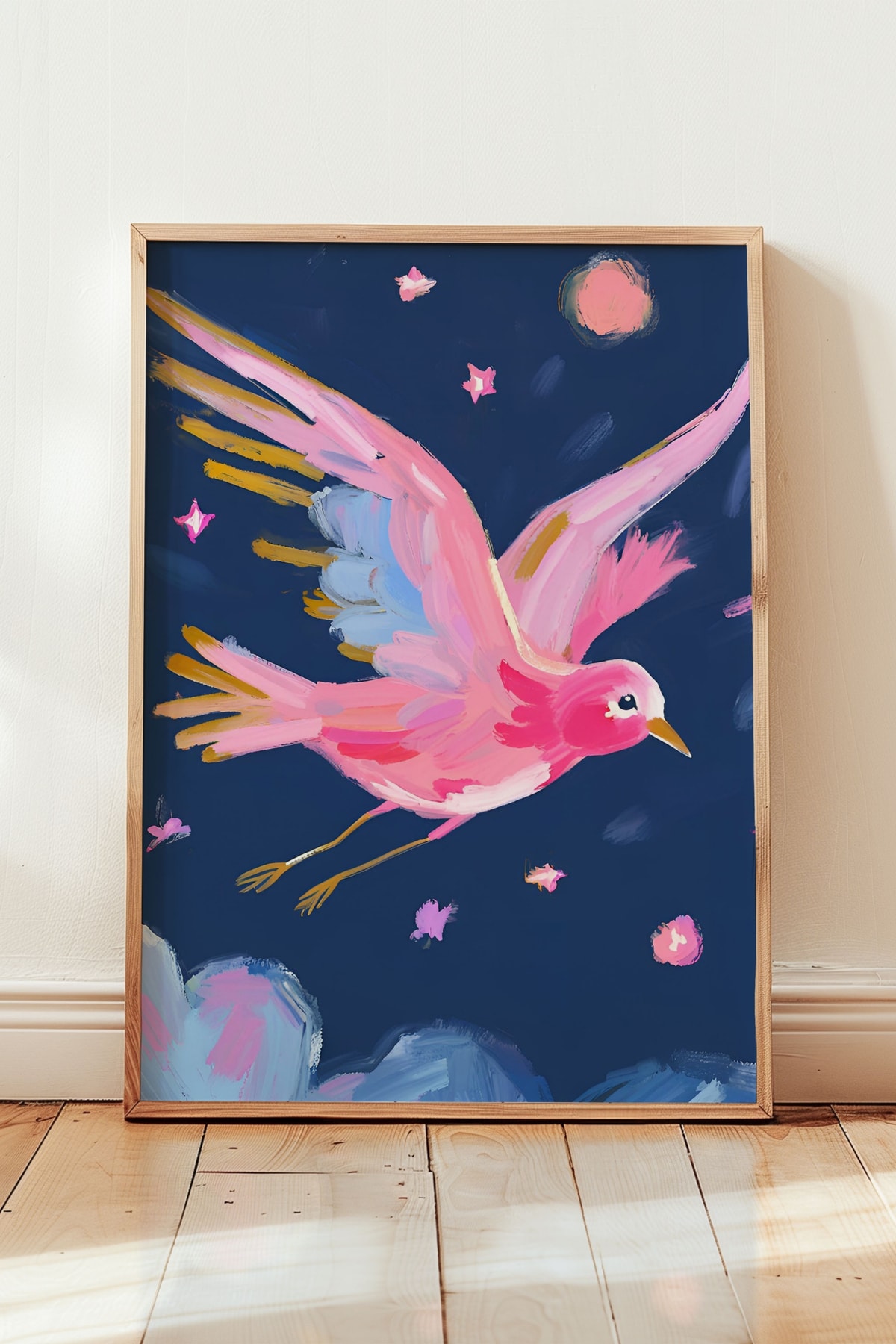 Işıltılı Gökyüzünde Bulutlar Arasında Uçan Renkli Kuş Çerçevesiz Poster