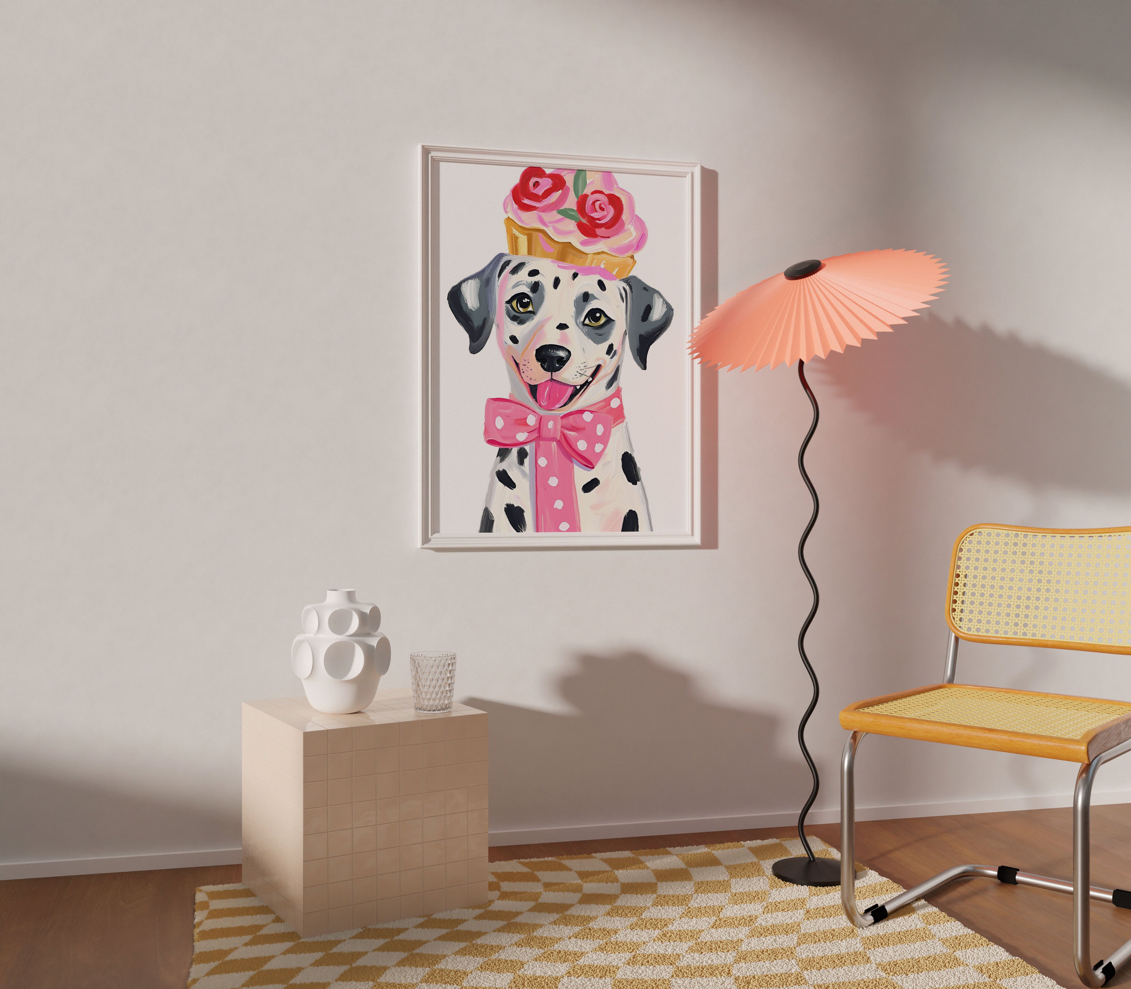 Cupcake Şapkalı Dalmaçyalı Köpek Çerçevesiz Poster