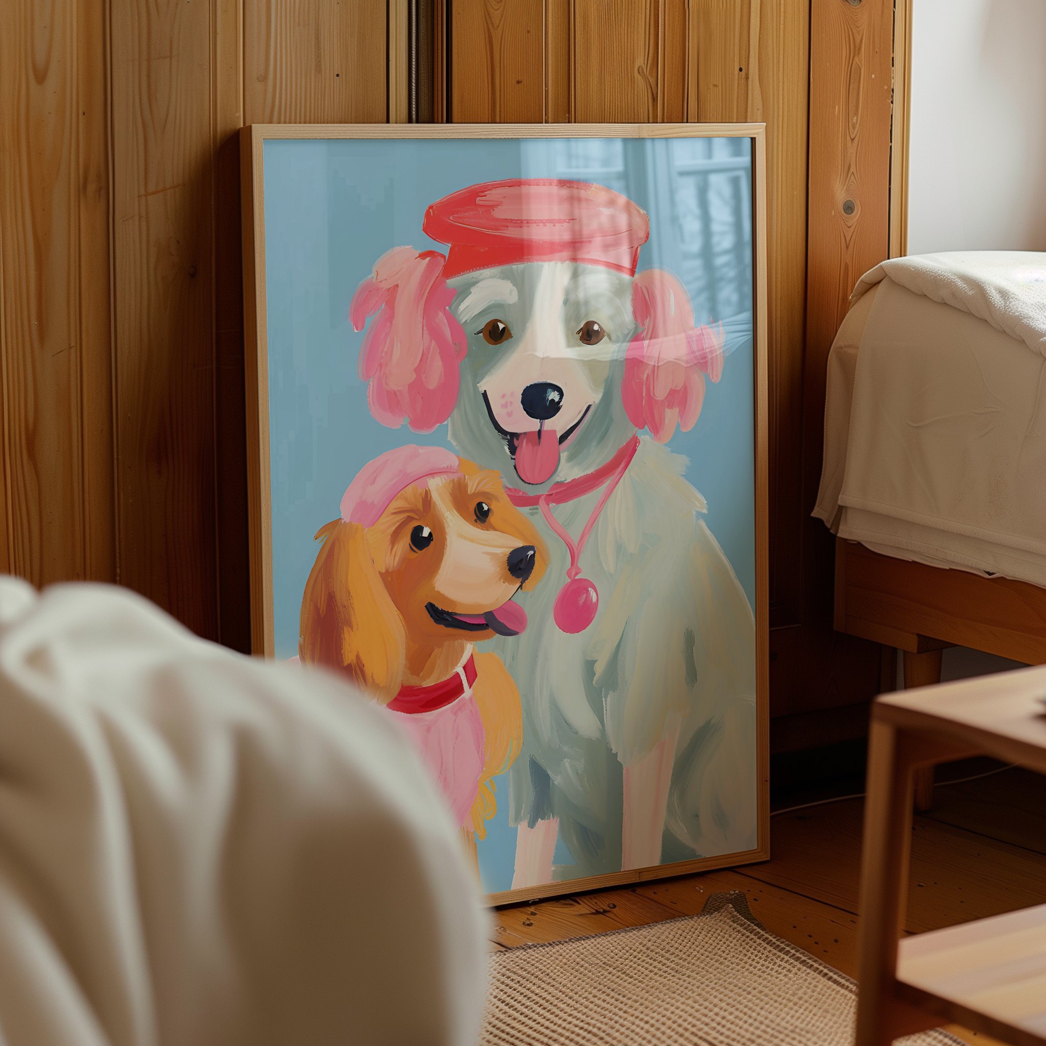 Pembe Şapkalı İki Mutlu Köpek Kardeş Mavi Arkaplan Tasarım Çerçevesiz Poster