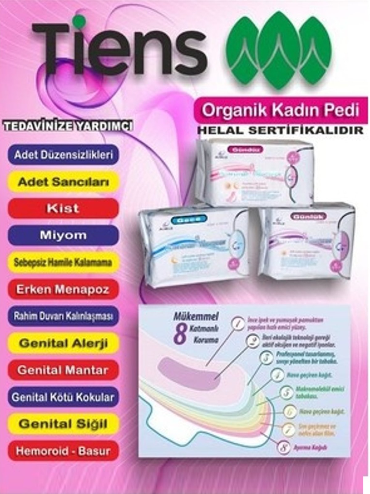 Tiens Airiz Hijyenik Kadın Pedi 8'li Gece Kullanım Paketi Anti Alerjik 1 paket(8 li)