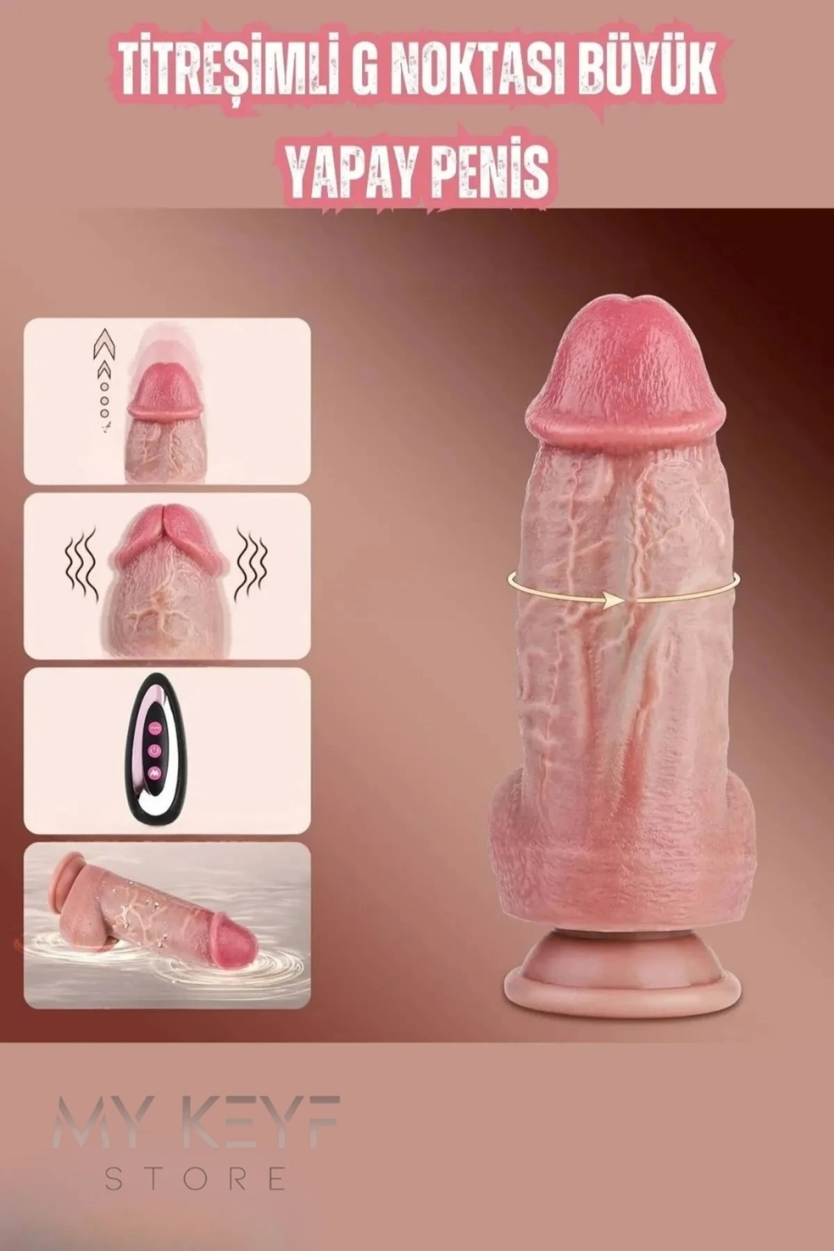 Gerçekçi Kalın Damarlı İleri Geri Hareketli Isıtmalı G Nokta ve Klitoris Uyarıcı Dildo Penis 21 Cm