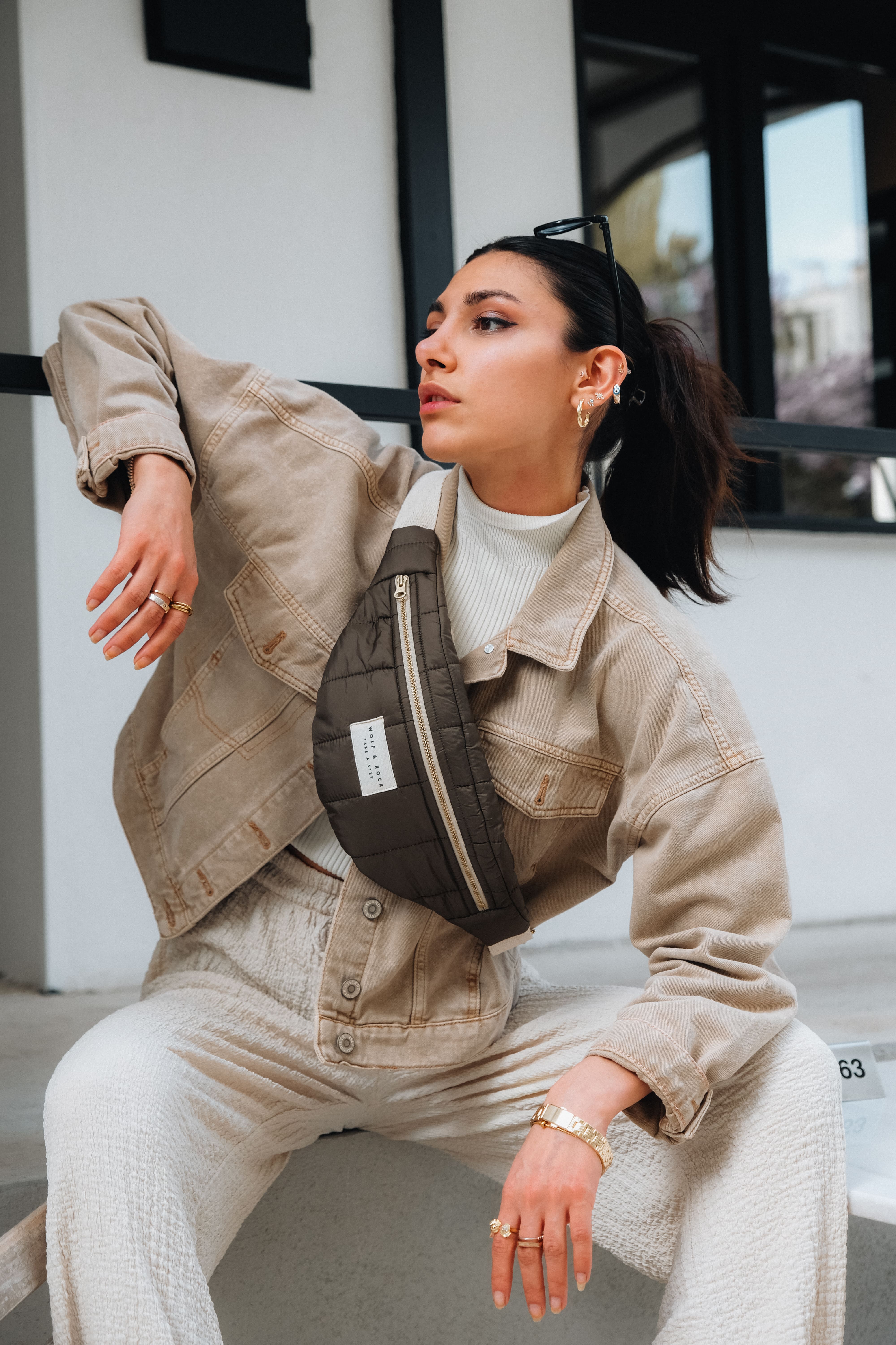 Wolf&Rock Line Khaki Freebag / Gold Detaylı Haki Kapitone Kumaş Bel ve Omuz Çantası