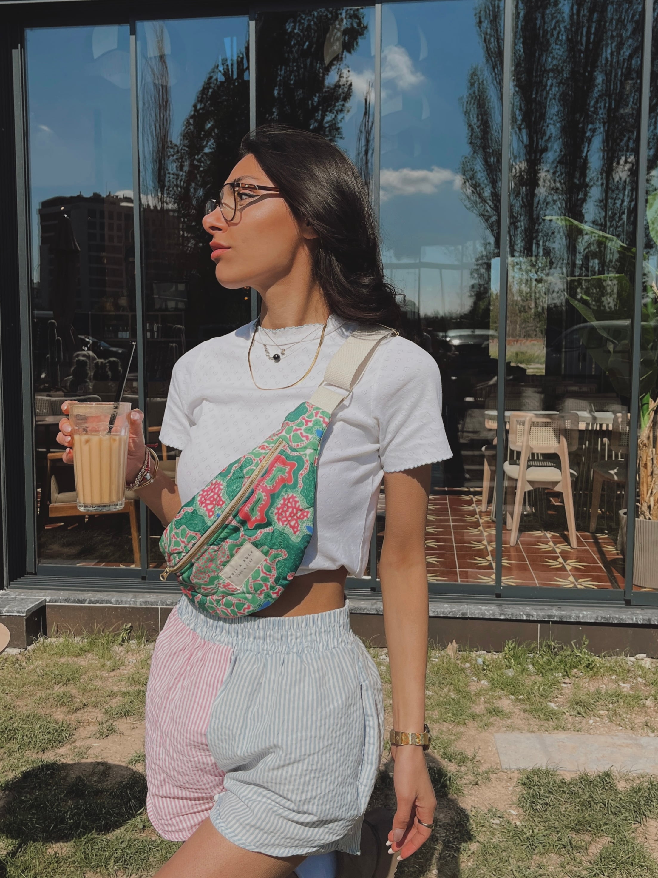 Paloma Green - Gold Detaylı Yeşil Etnik Desen Kumaş Bel ve Omuz Çantası