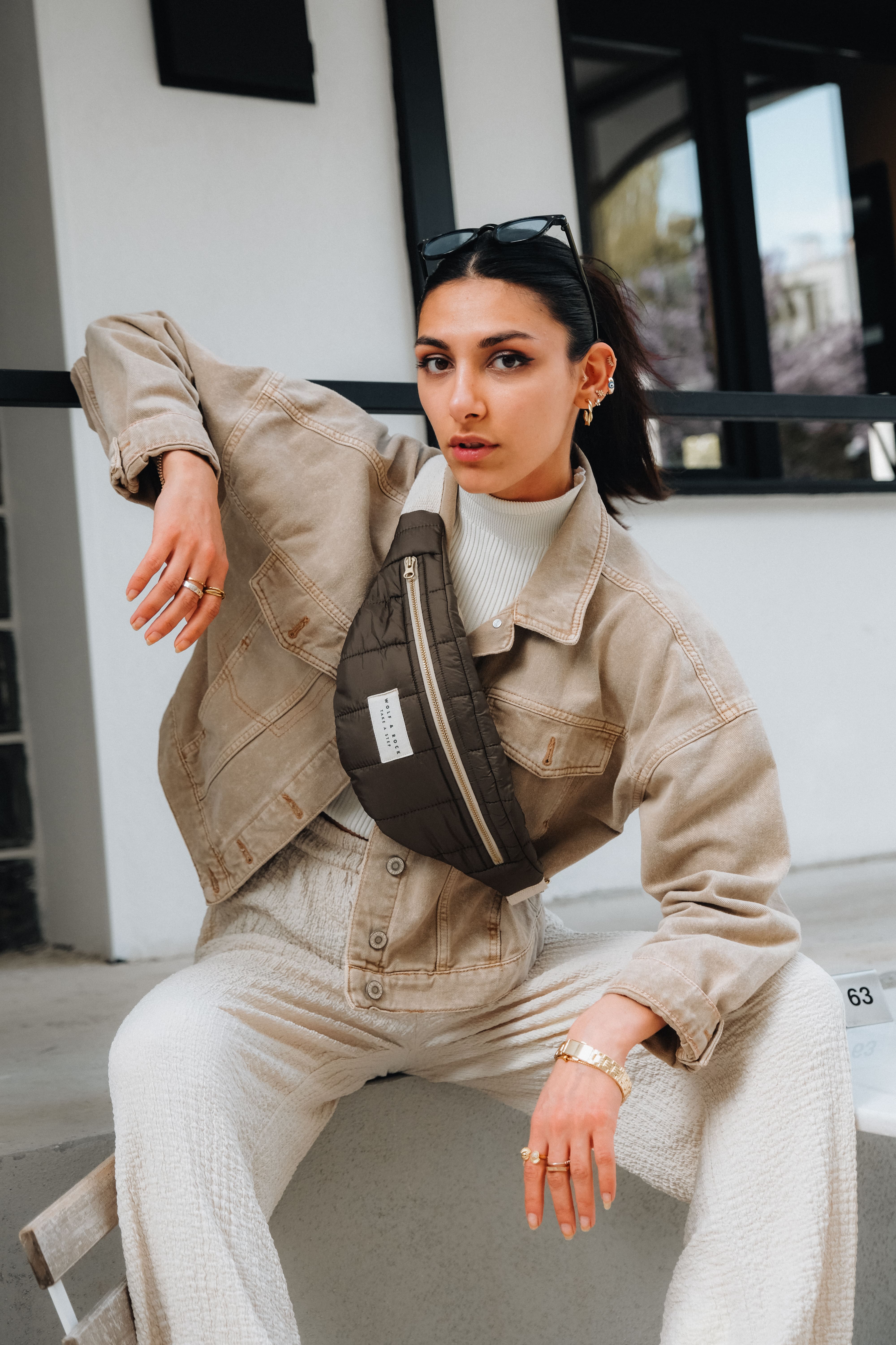 Wolf&Rock Line Khaki Freebag / Gold Detaylı Haki Kapitone Kumaş Bel ve Omuz Çantası