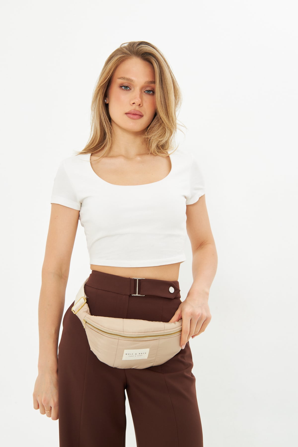 Wolf&Rock Line Sand Freebag / Gold Detaylı Krem Kapitone Kumaş Bel ve Omuz Çantası