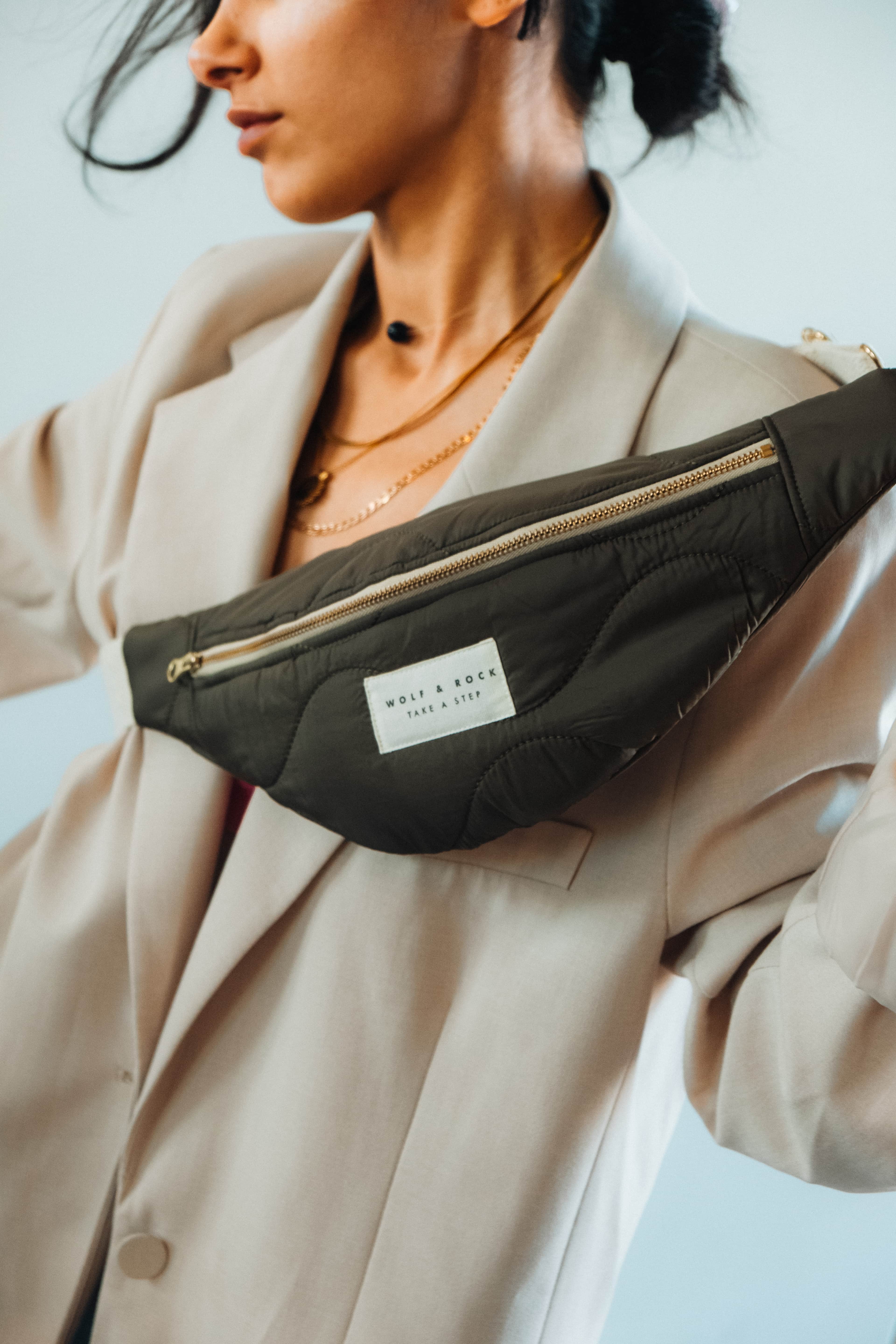 Wolf&Rock Drop Khaki Freebag / Gold Detaylı Damla Desen Haki Kapitone Kumaş Bel ve Omuz Çantası