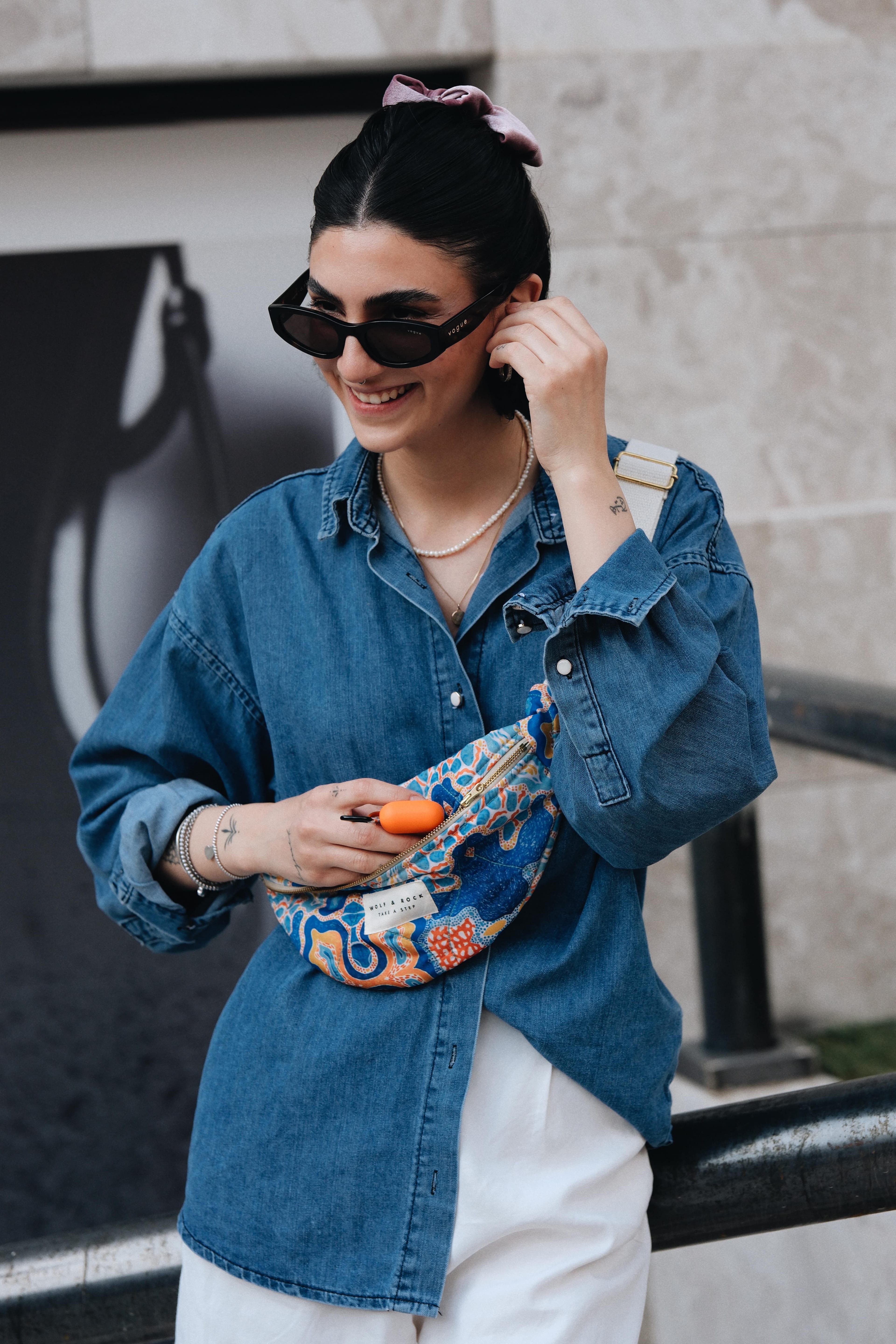 Paloma Blue - Wolf&Rock Gold Detaylı Etnik Desen Kumaş Bel ve Omuz Çantası
