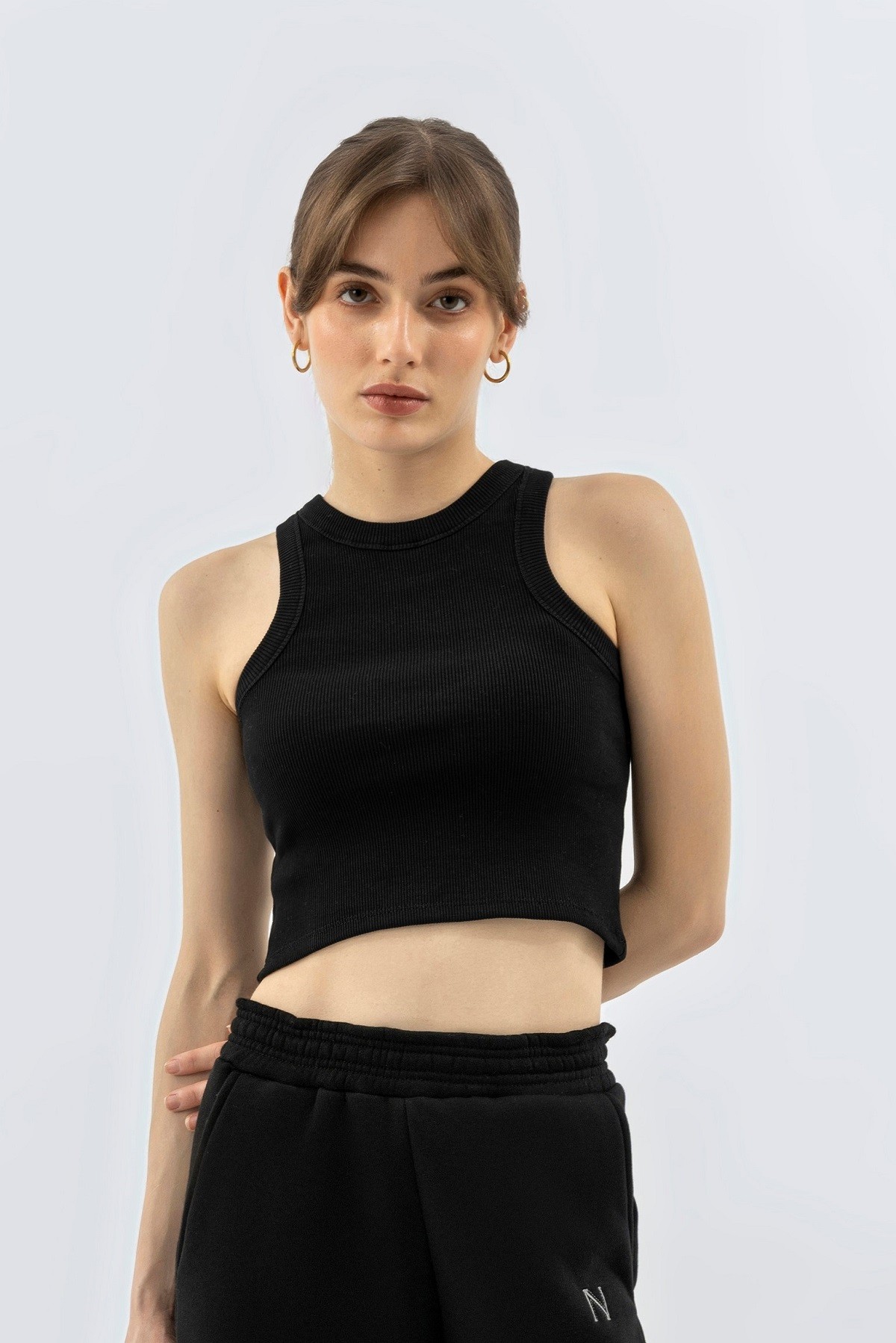 Biyeli Halter Yaka Fitilli Kaşkorse Crop Siyah