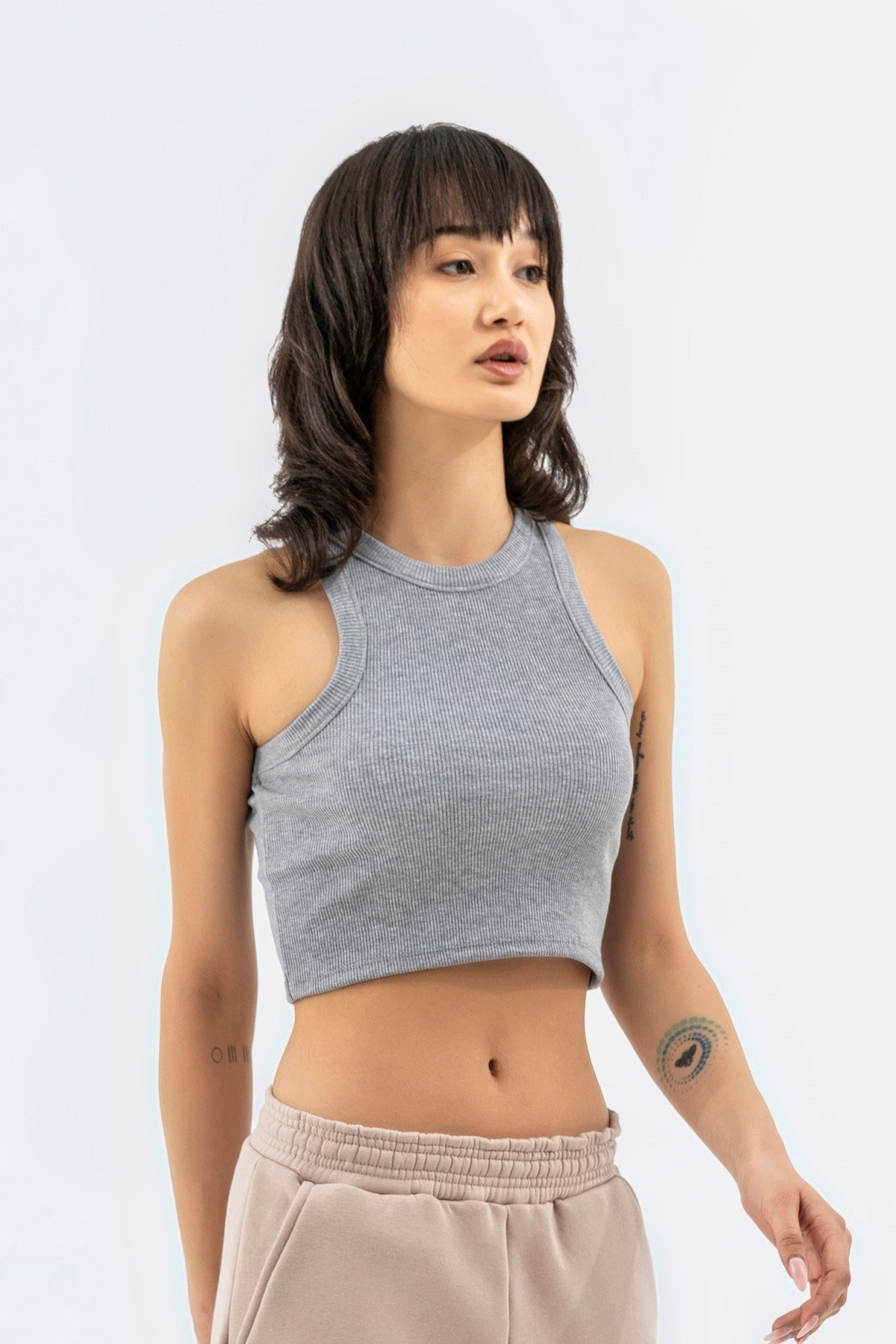 Biyeli Halter Yaka Fitilli Kaşkorse Crop Gri