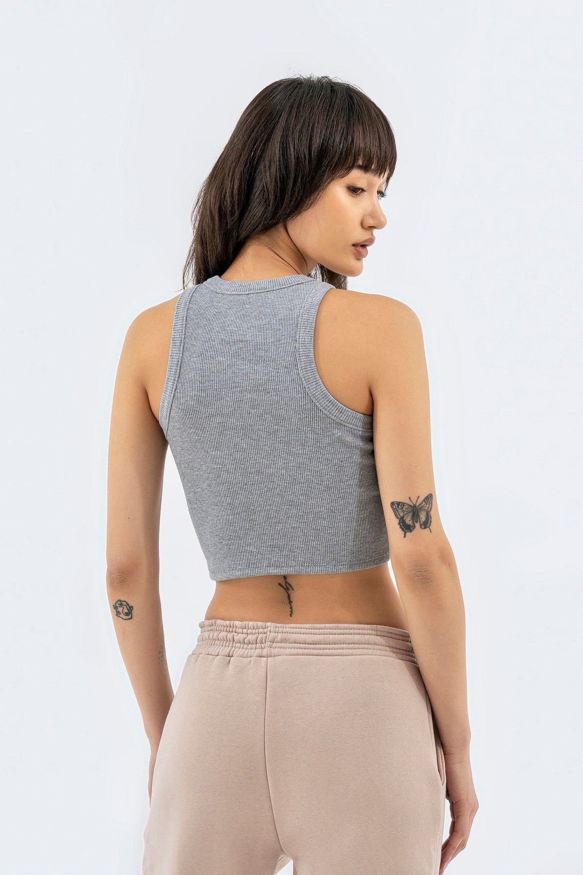 Biyeli Halter Yaka Fitilli Kaşkorse Crop Gri