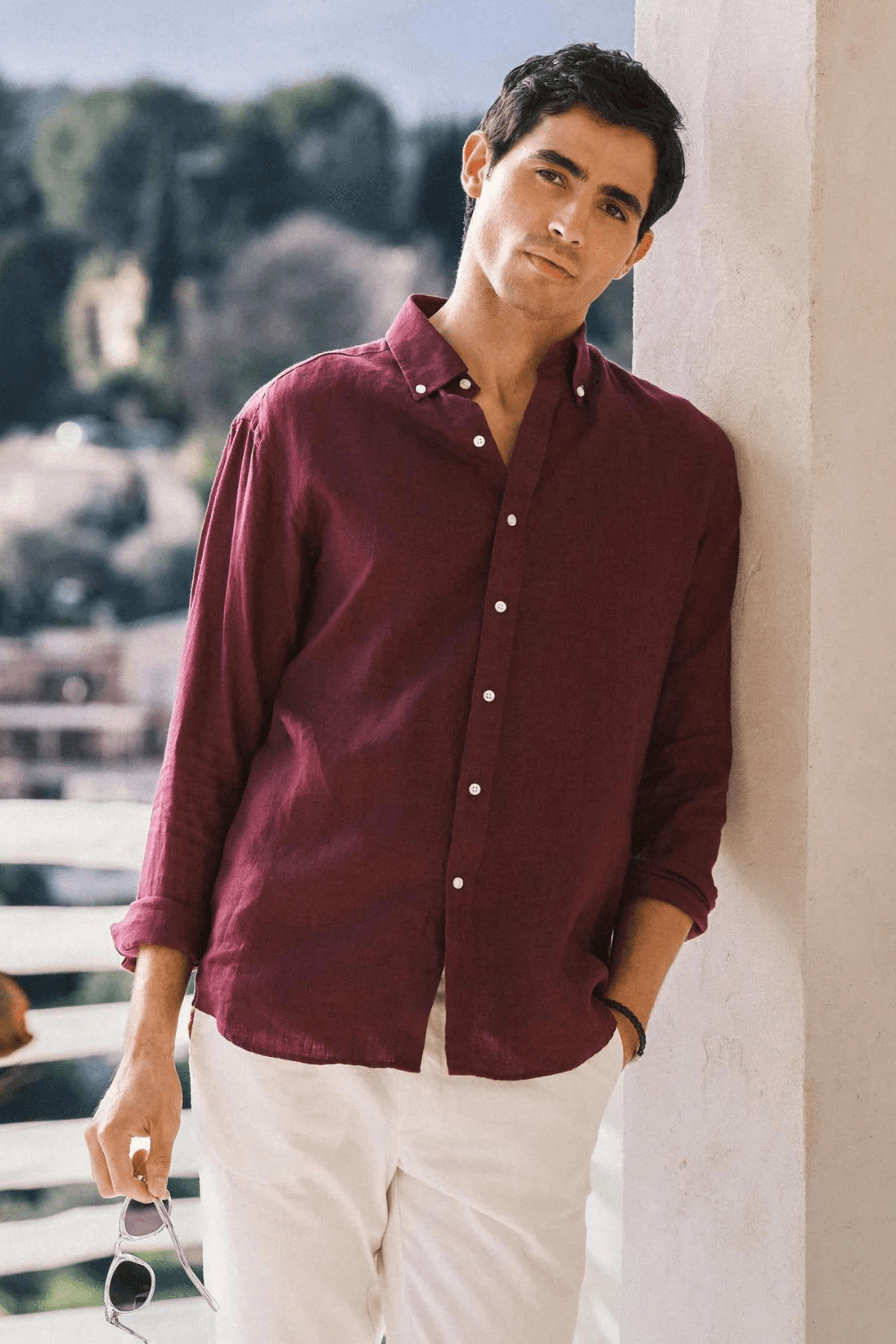 %100 Keten Düğmeli Yaka Modern Fit Casual Cepsiz Gömlek - Bordo