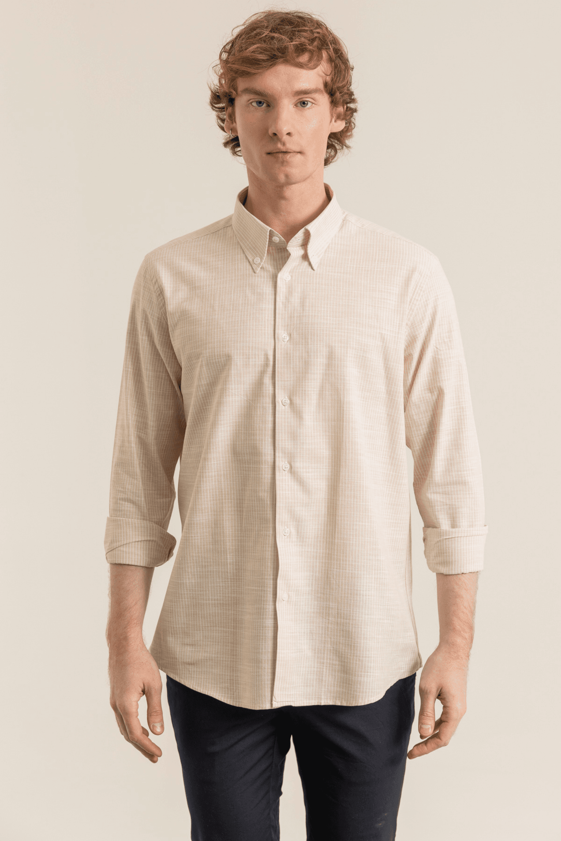 Striped Linen-Look 100% Organic Cotton Button-Down Collar Modern Fit No-Pocket Shirt - Bej