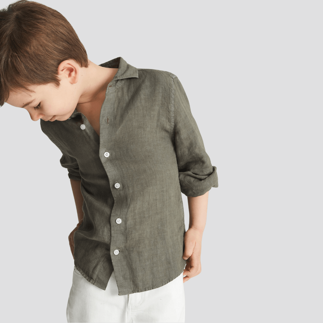 100% Linen Button-Down Collar Kids' Shirt - Haki