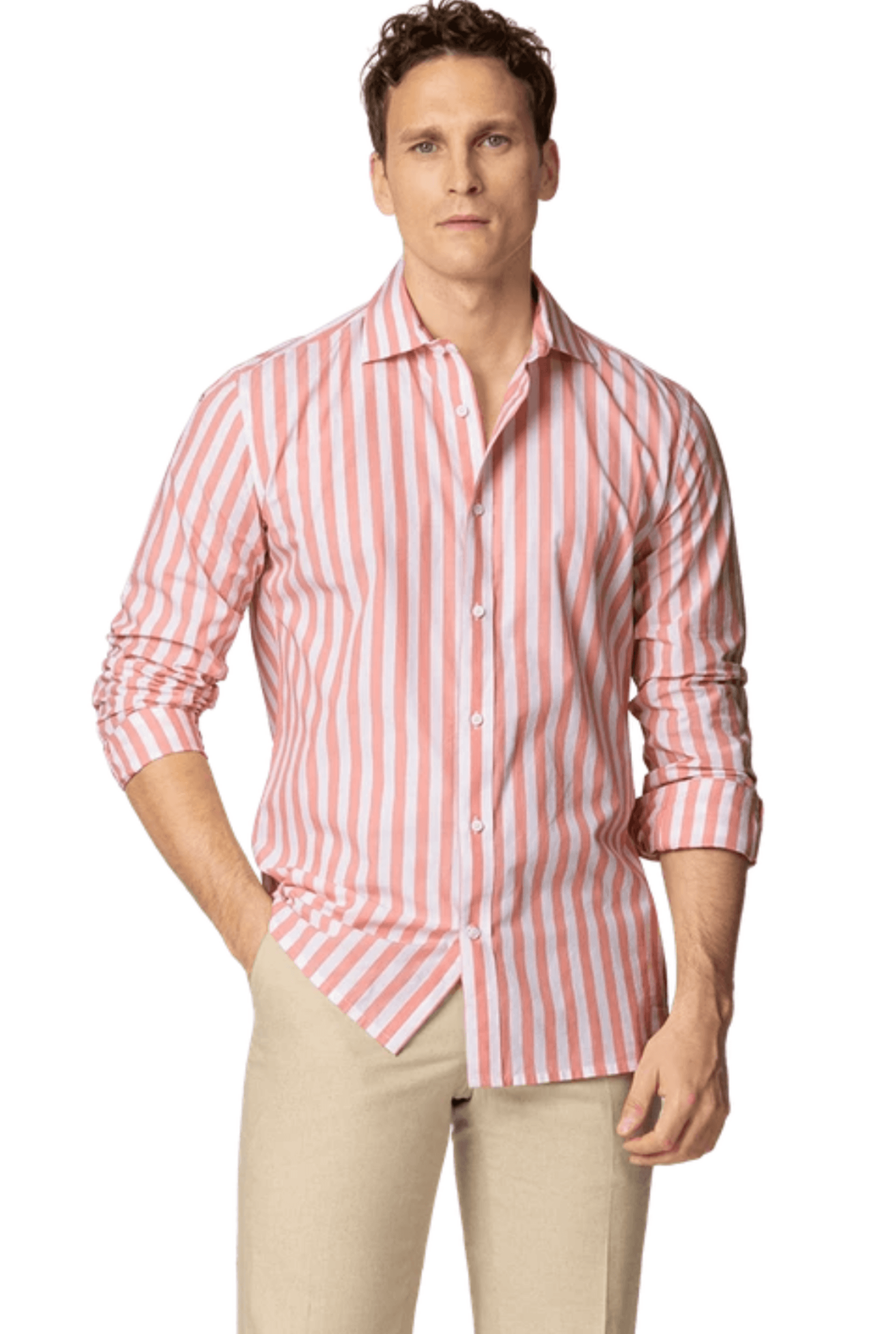 Striped Cotton Oxford Chambray Easy-Iron Modern Fit No-Pocket Shirt - Pembe