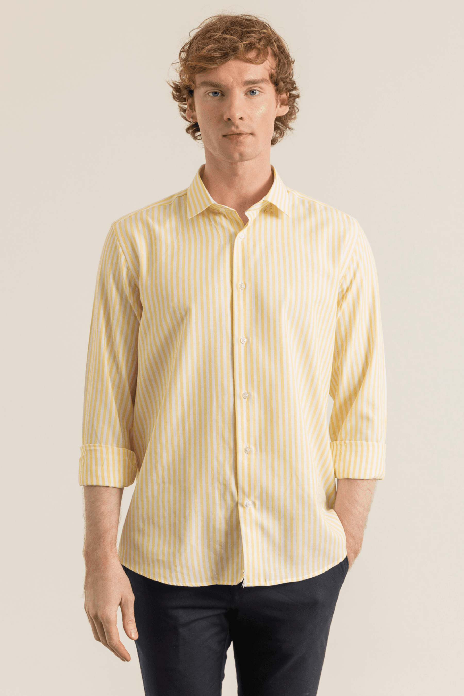 Striped Cotton Oxford Chambray Easy-Iron Modern Fit No-Pocket Shirt - Sarı