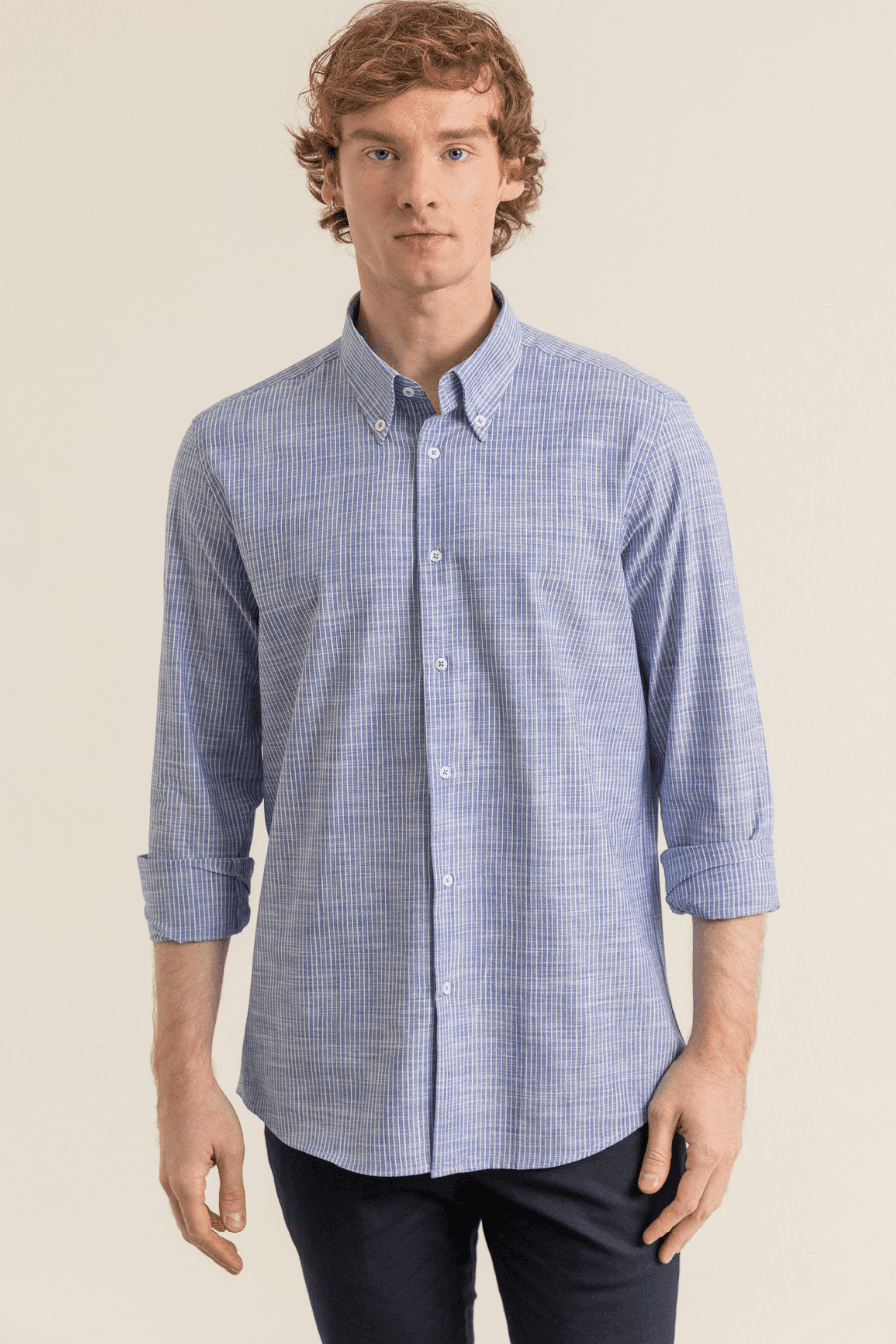 Striped Linen-Look 100% Organic Cotton Button-Down Collar Modern Fit No-Pocket Shirt - İndigo Mavi