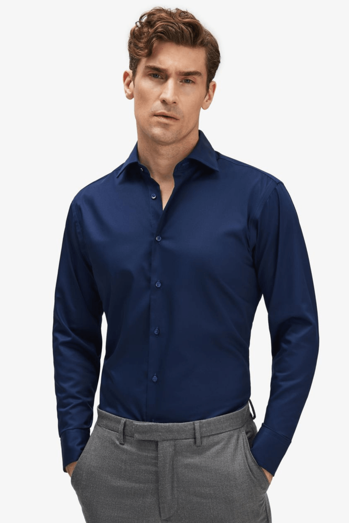 100% Cotton Satin Non-Iron Casual Modern Fit Shirt Without Pockets - Lacivert