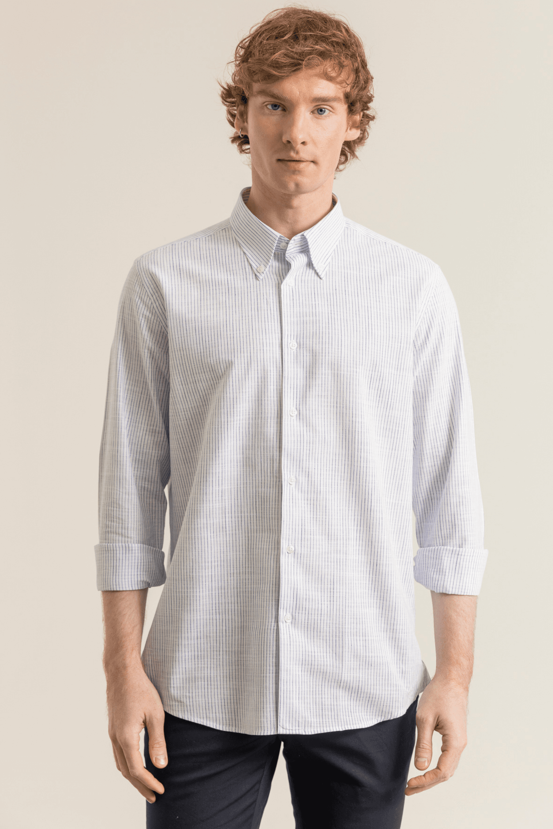 Striped Linen-Look 100% Organic Cotton Button-Down Collar Modern Fit No-Pocket Shirt