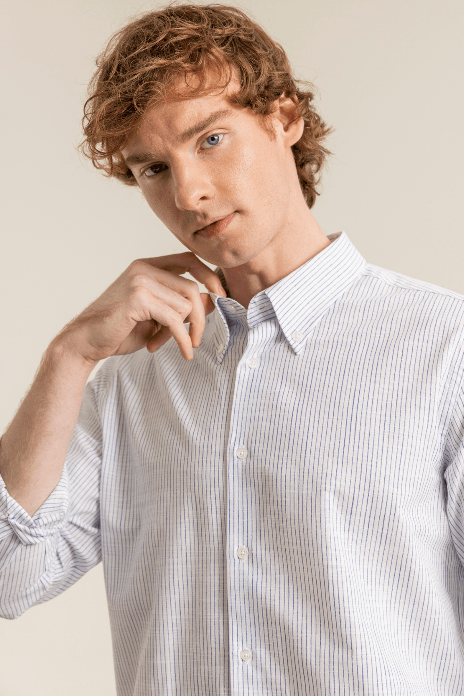 Striped Linen-Look 100% Organic Cotton Button-Down Collar Modern Fit No-Pocket Shirt