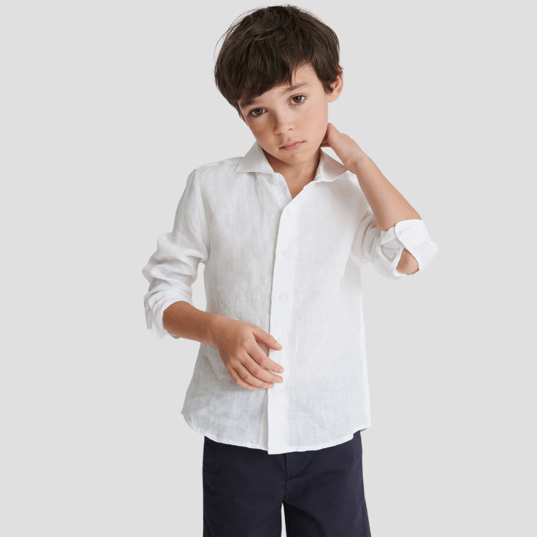 100% Linen Button-Down Collar Kids' Shirt - Beyaz