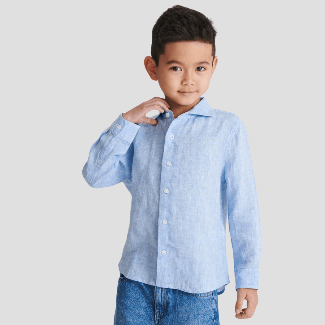 100% Linen Button-Down Collar Kids' Shirt - Buz Mavisi