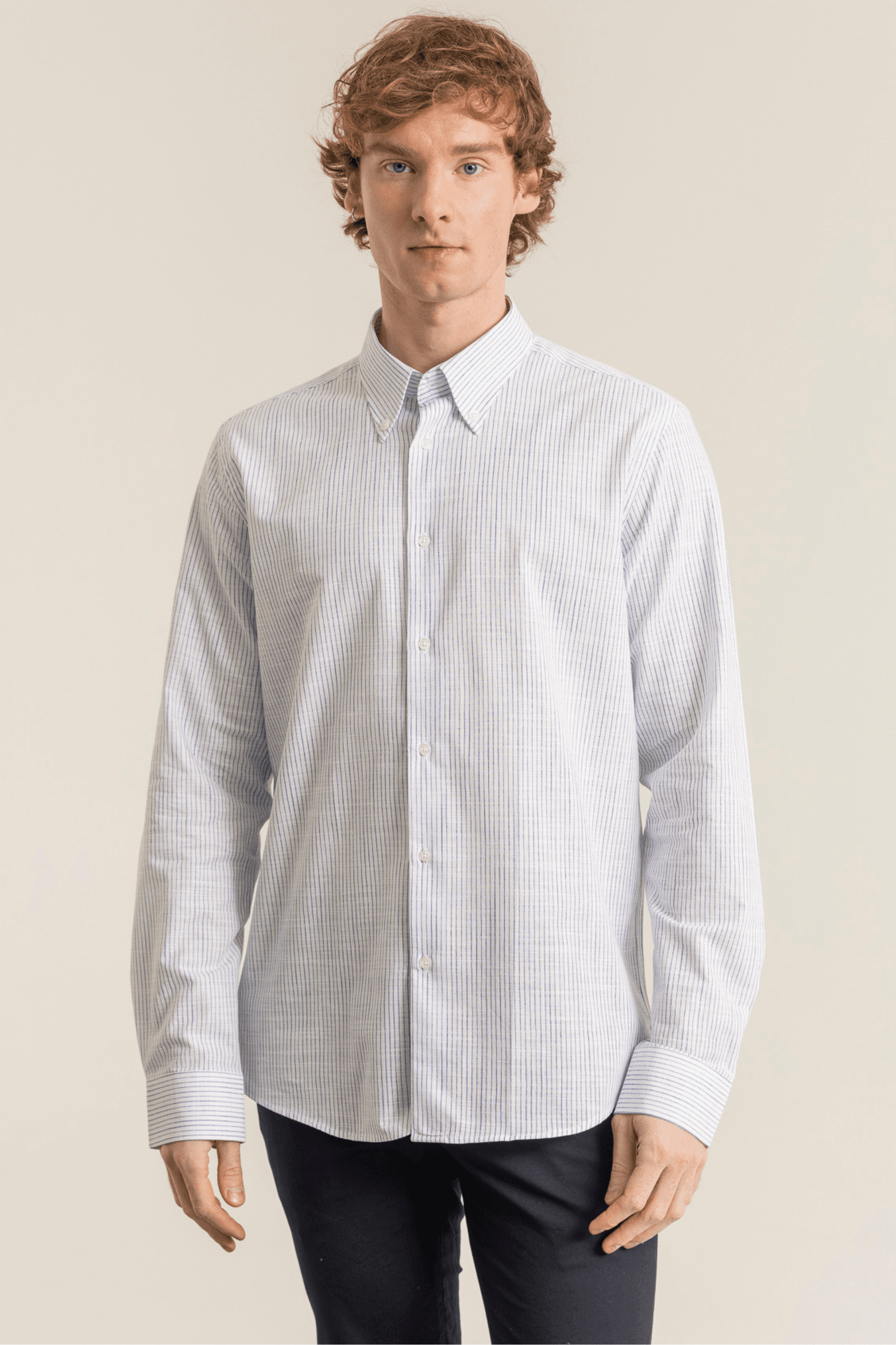 Striped Linen-Look 100% Organic Cotton Button-Down Collar Modern Fit No-Pocket Shirt