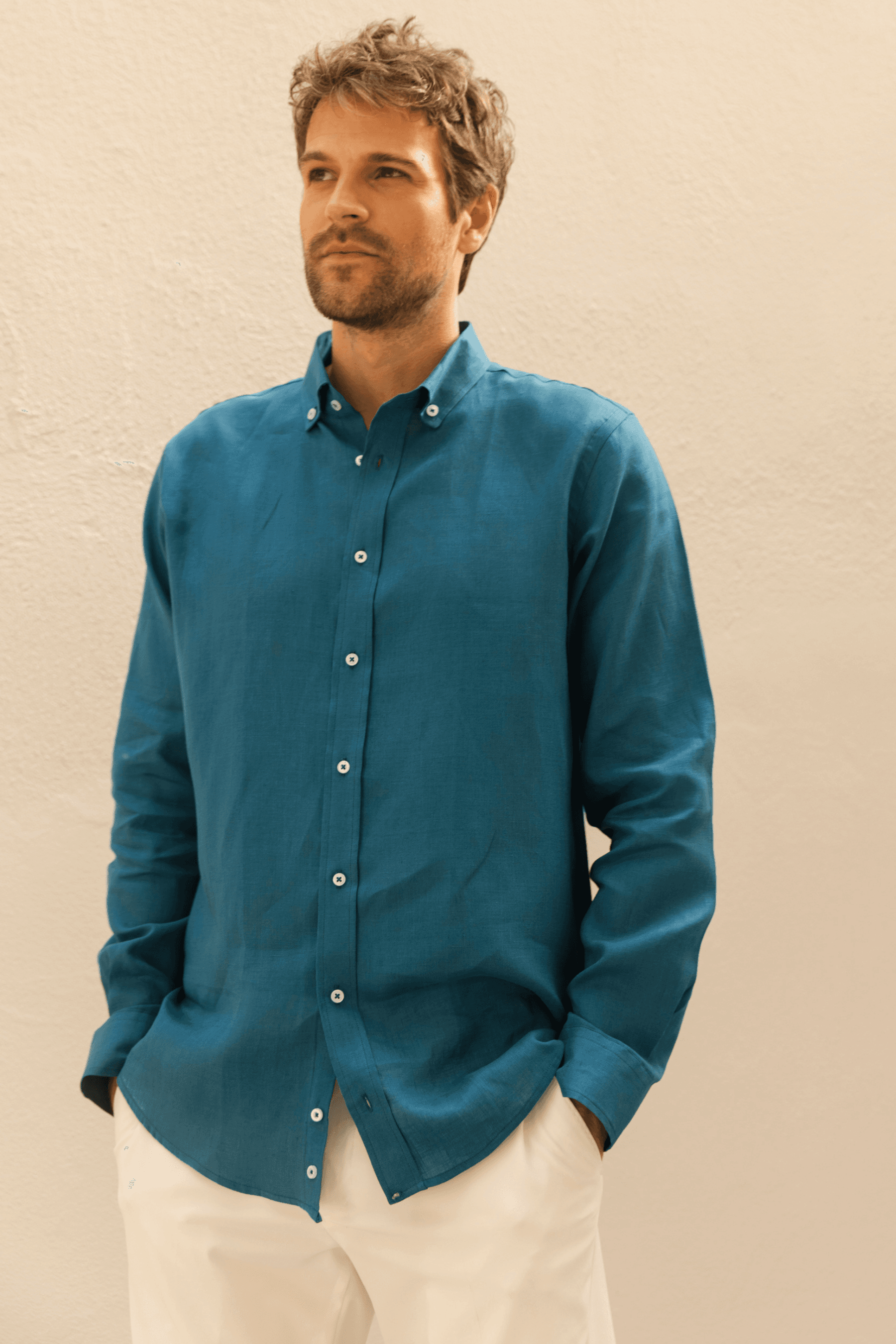 100% Linen Button-Down Collar Modern Fit Casual Shirt Without Pockets