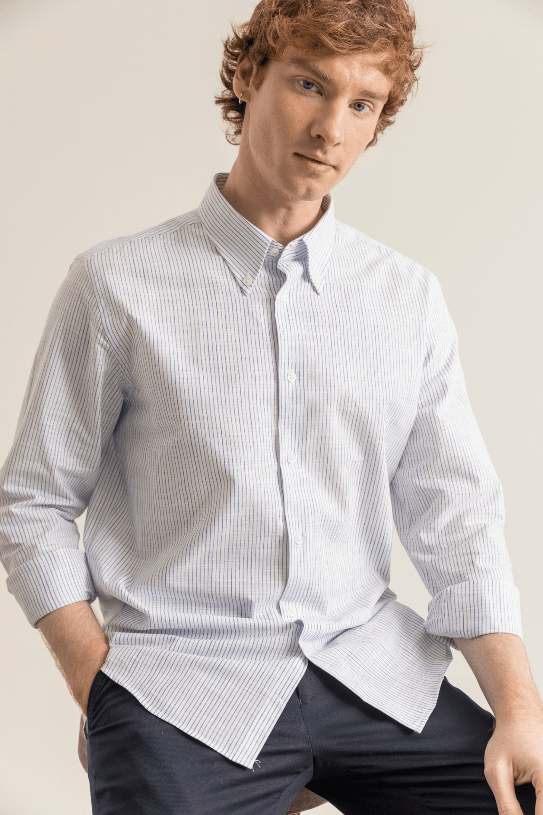 Striped Linen-Look 100% Organic Cotton Button-Down Collar Modern Fit No-Pocket Shirt