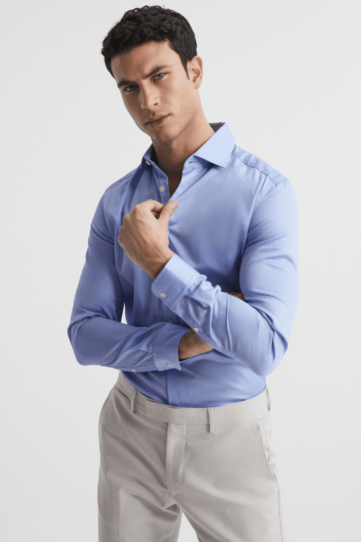 100% Cotton Satin Non-Iron Casual Modern Fit Shirt Without Pockets - Mavi