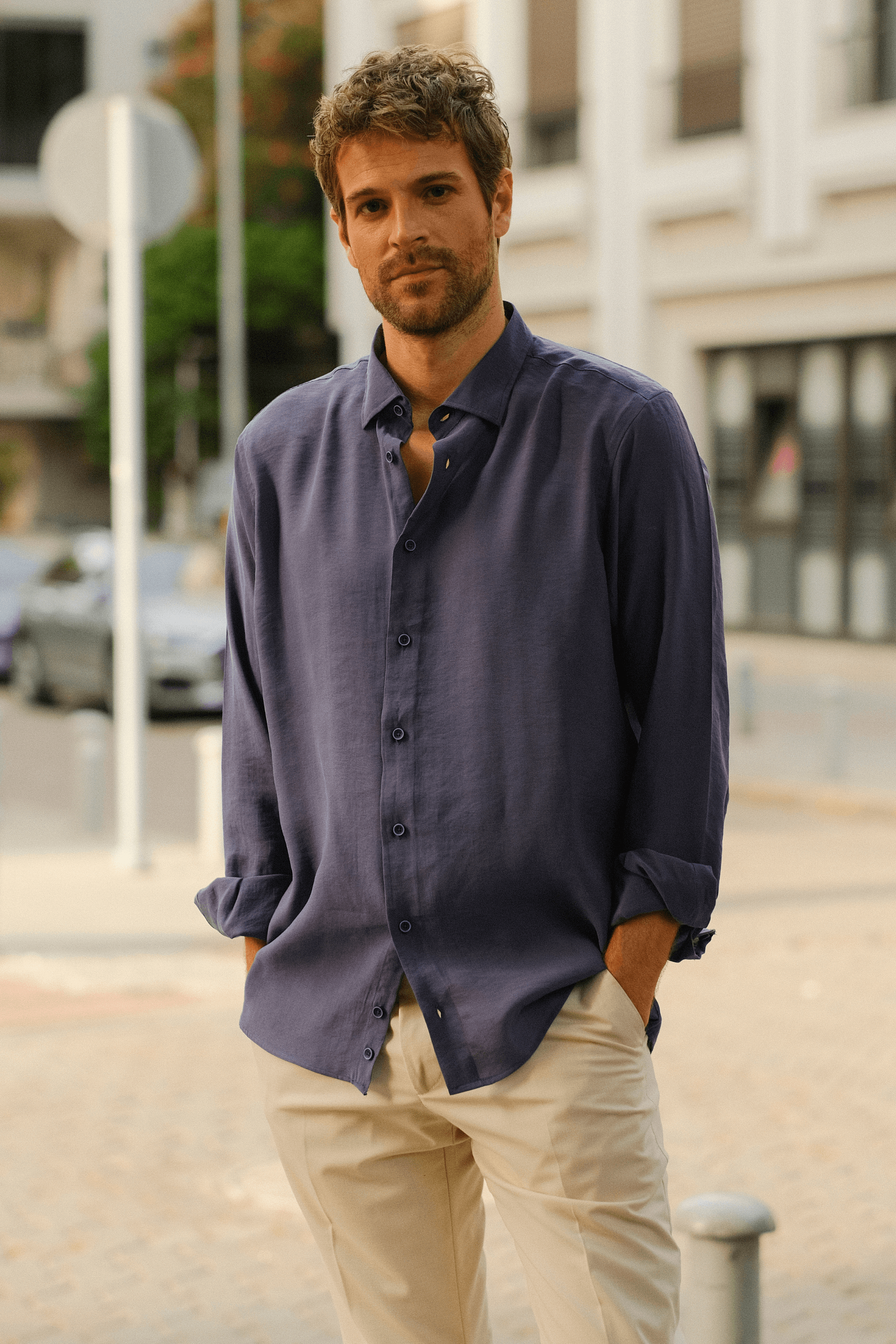 Modal Special Weave Summer Button-Down Collar No-Pocket Casual Modal Shirt